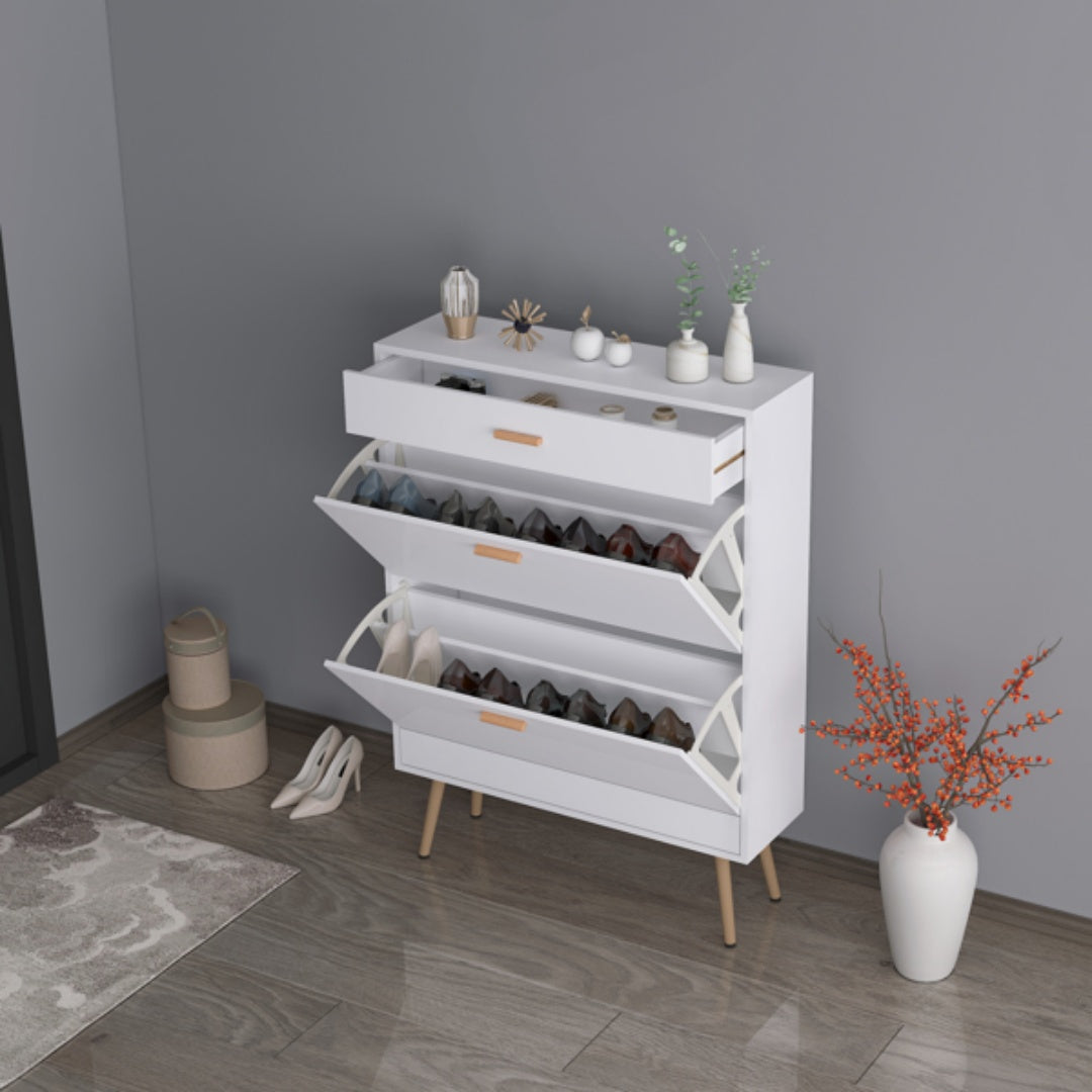 Shoe Cabinet, 16 Pair Shoe Rack Storage Organizer With 2 Flip Drawers, White Entryway Shoe Storage Cabinet For Heels, Boots, Slippers  White