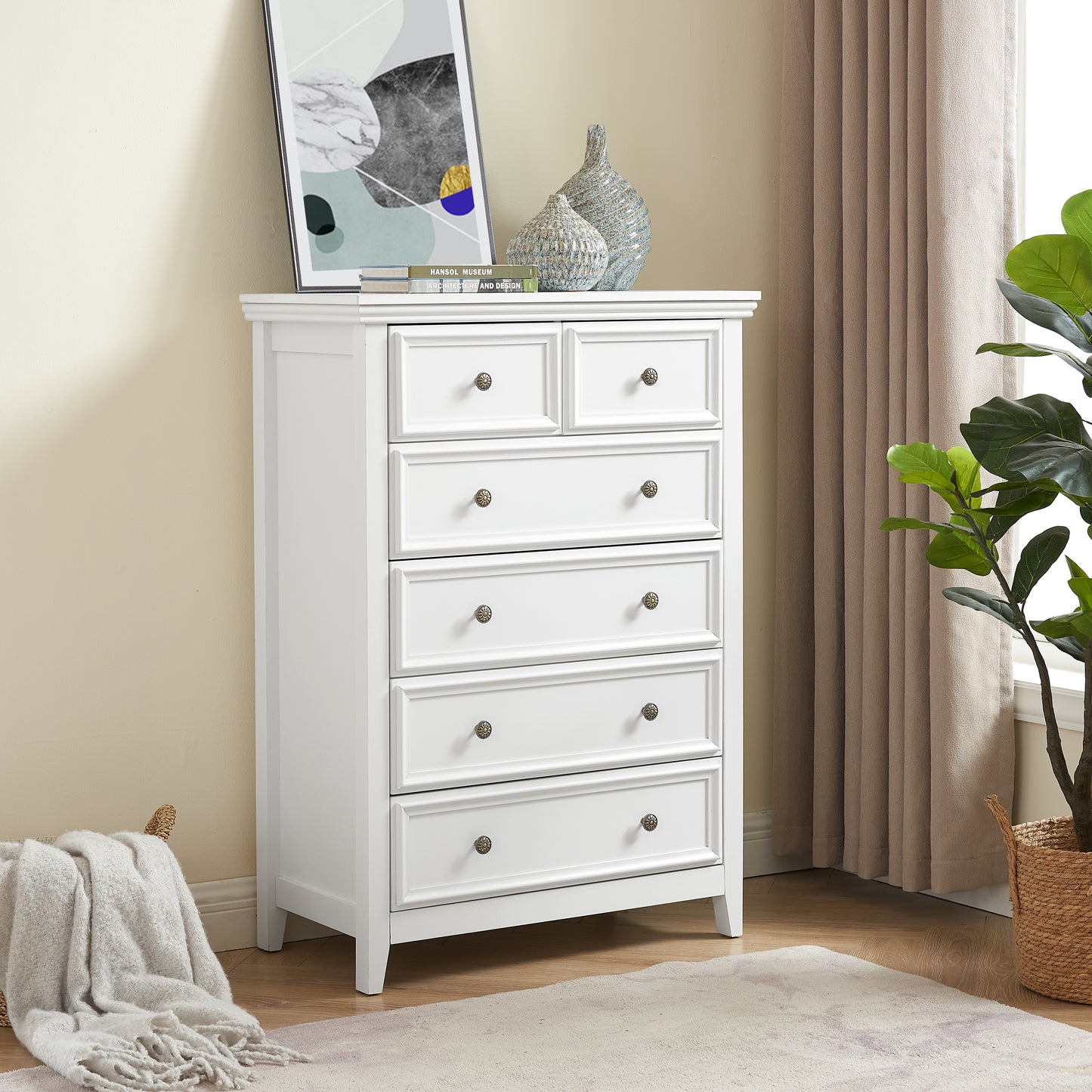 Modern 6 Drawers Dresser 6 Drawers Cabinet,Chest Of Drawers Closet Organizers And Storage Clothes Storage Drawers Cabinet For Living Room, Farmhouse Dresser Organizer White