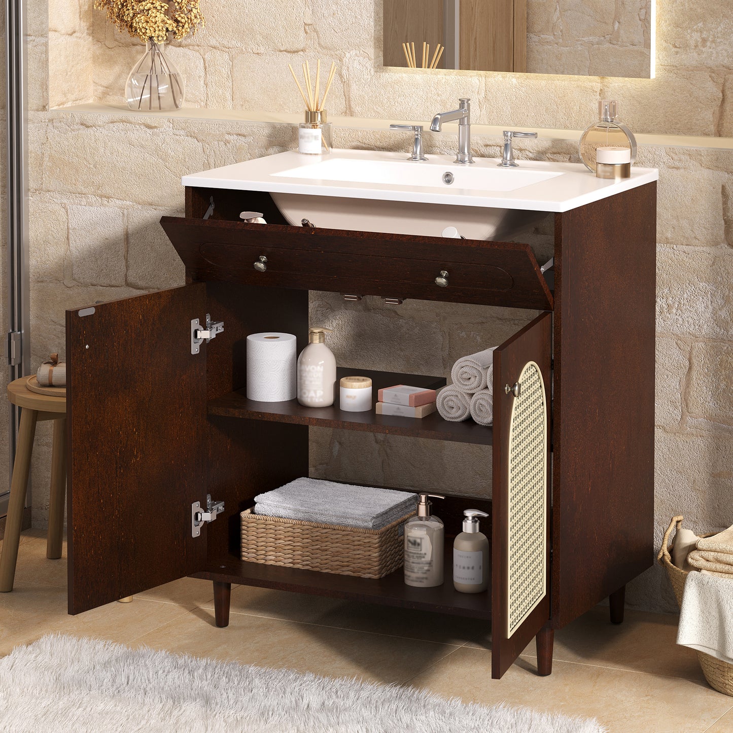 30 Bathroom Vanity With Ceramic Sink, Solid Wood Frame Bathroom Sink Cabinet With Adjustable Shelf, Tip-Drawer, Rattan Front Panels