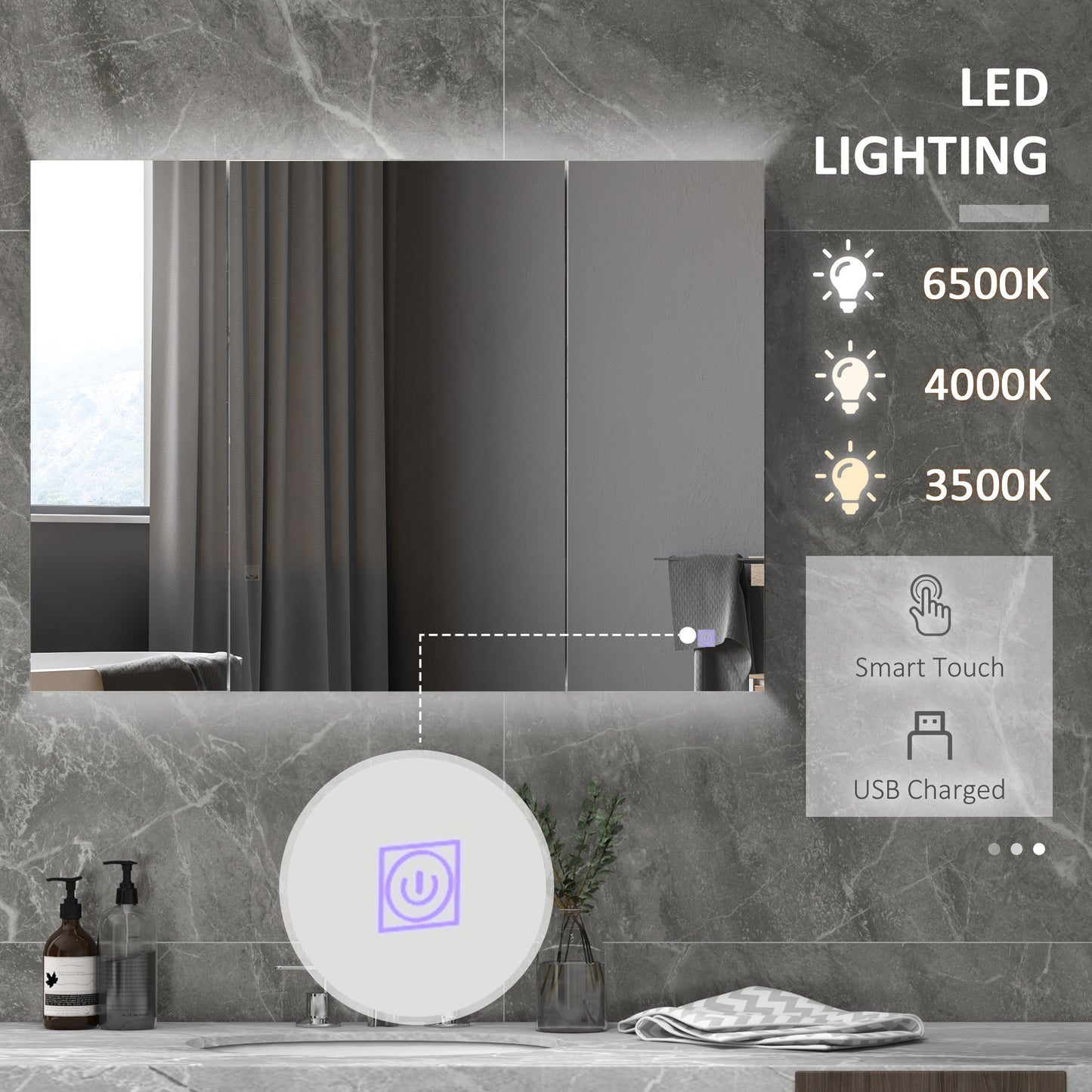 Bathroom Mirror Cabinet with Light, Bathroom Storage Cupboard with USB Charge, Adjustable Shelf, 35.5"W x 25.5"H, White