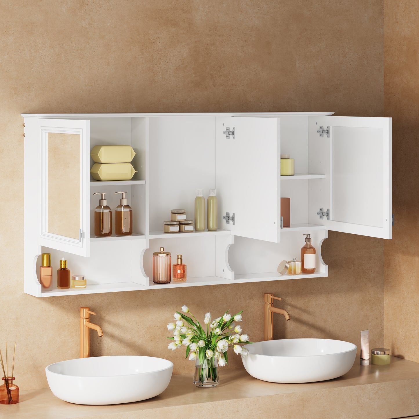 55 Inch Mirror Medicine Cabinet With Open Shelves, Wall Mounted Home Storage With Doors & Mirror, Adjustable Shelf, Bathroom Storage Cabinet Over Toilet
