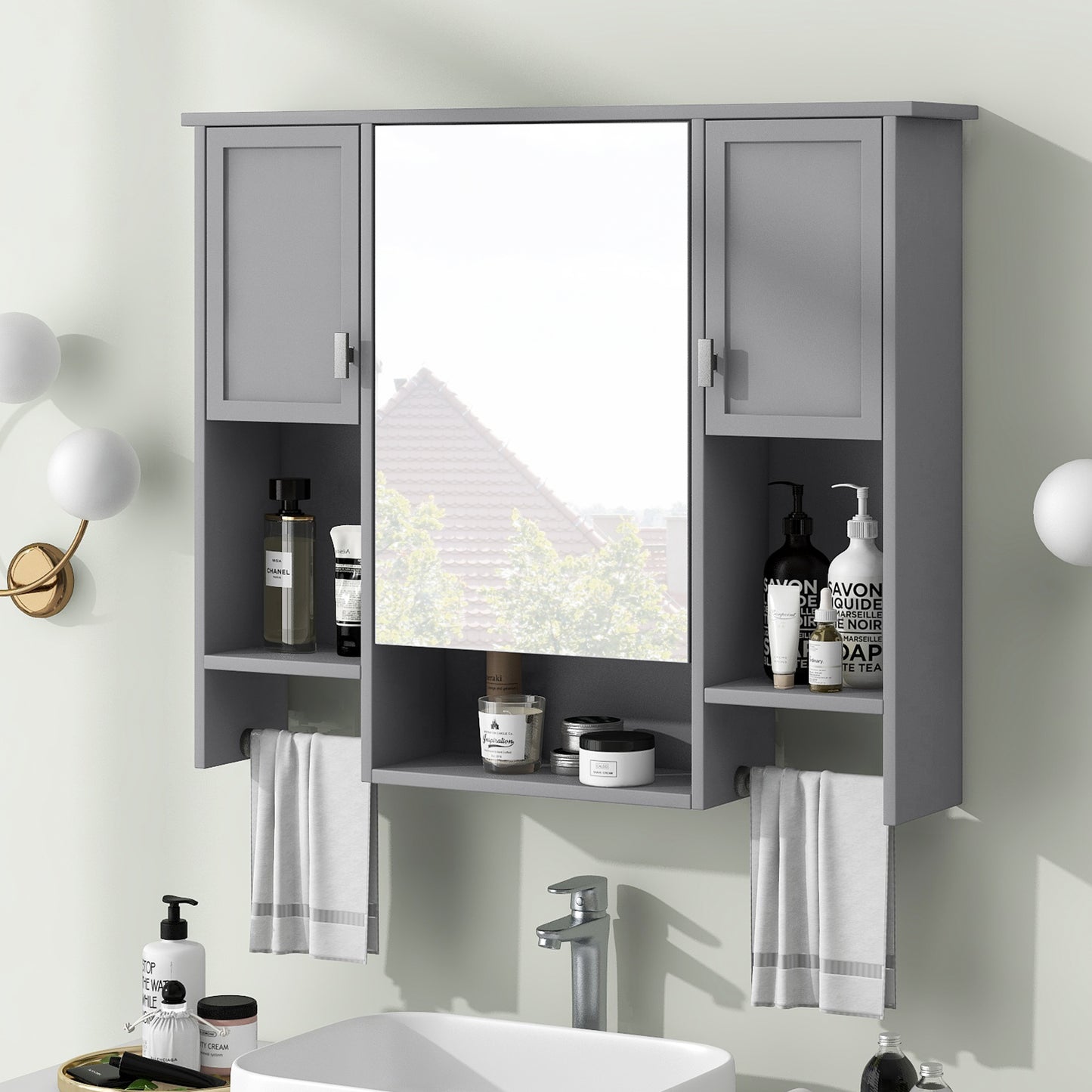 35'' X 28'' Modern Wall Mounted Bathroom Storage Cabinet, Bathroom Wall Cabinet With Mirror, Medicine Cabinet With Towels Bar