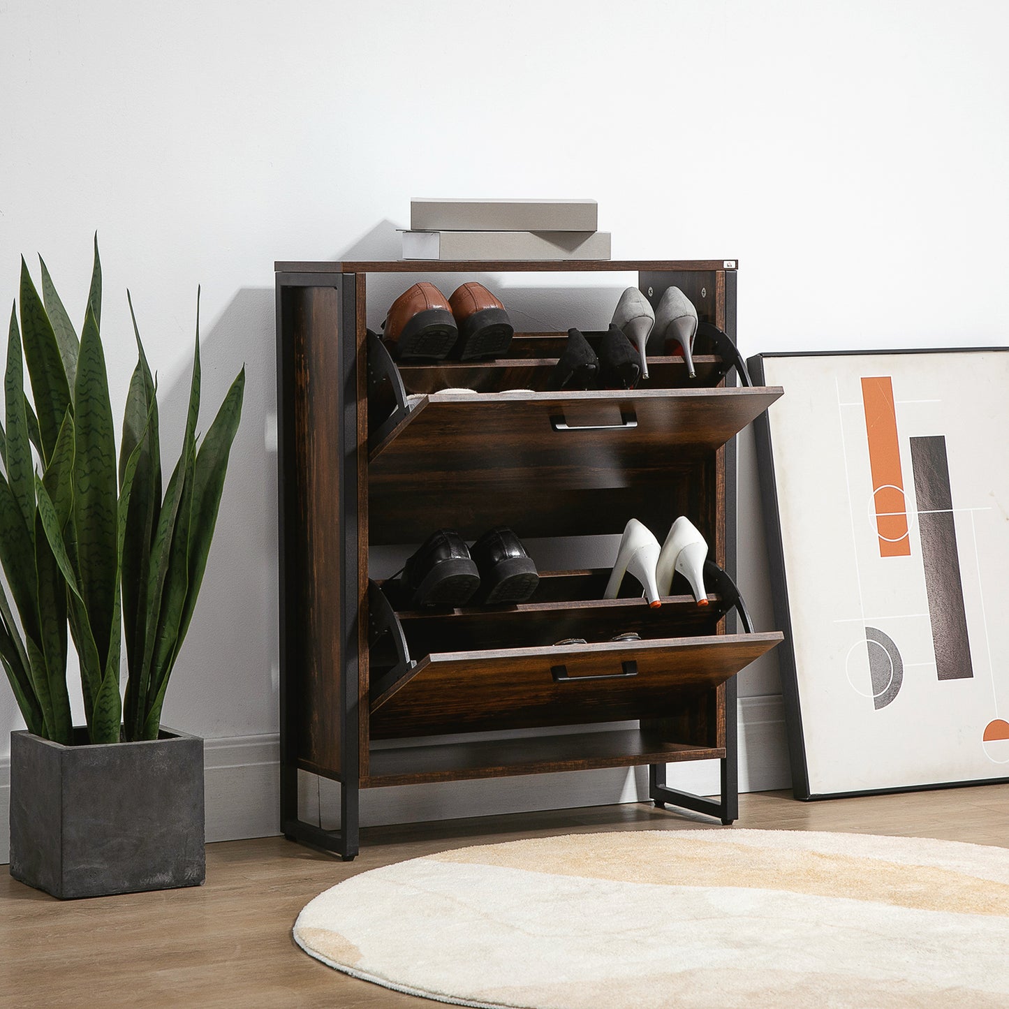 Industrial Shoe Cabinet with 2 Flip Drawers, Freestanding Shoe Storage Cabinet for 12 Pairs, Narrow Slim Shoe Rack for Entryway, Hallway, Rustic Brown