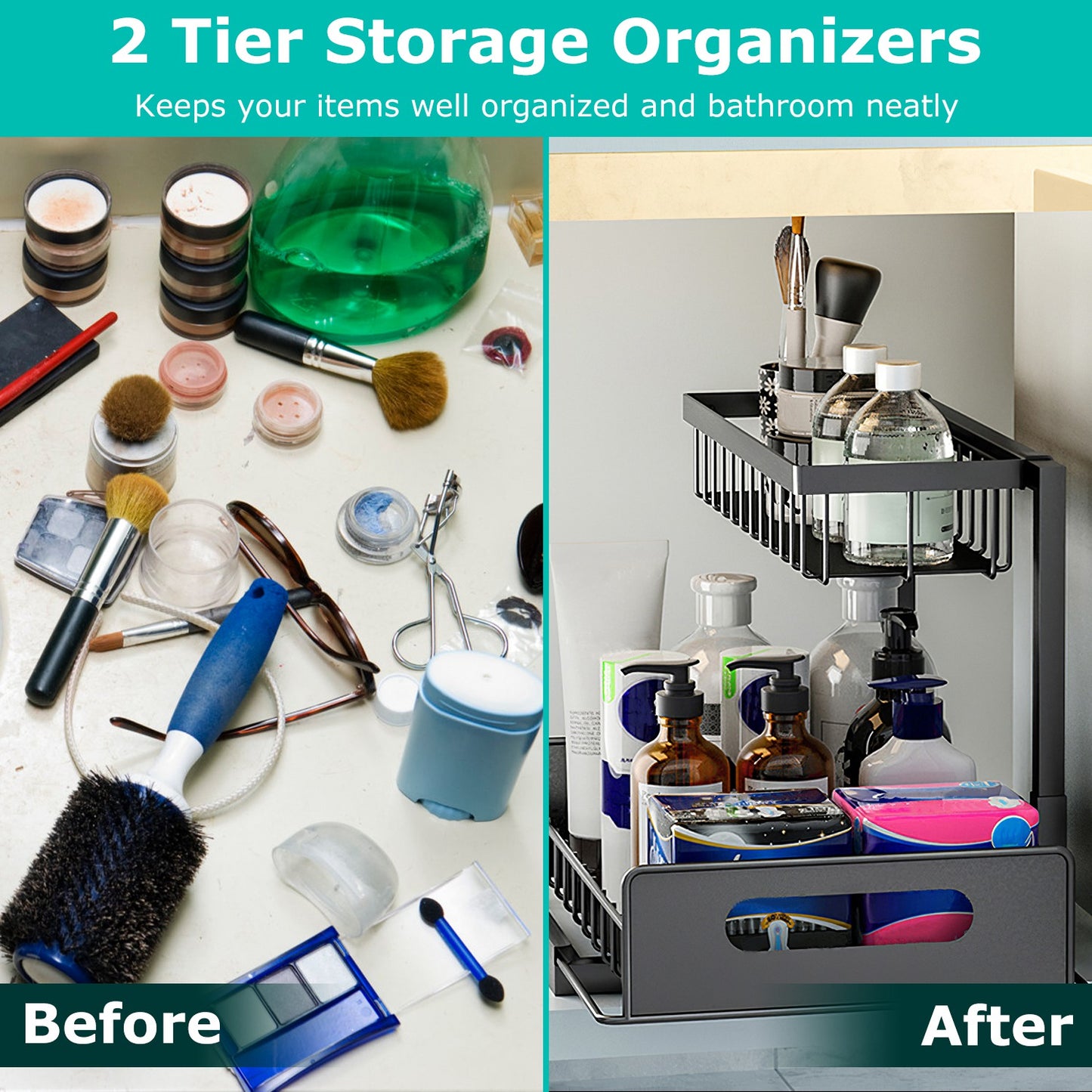 Under Sink Organizer 2-Tier Pull-Out Storage Rack – Space Saving Kitchen & Bathroom Organizer