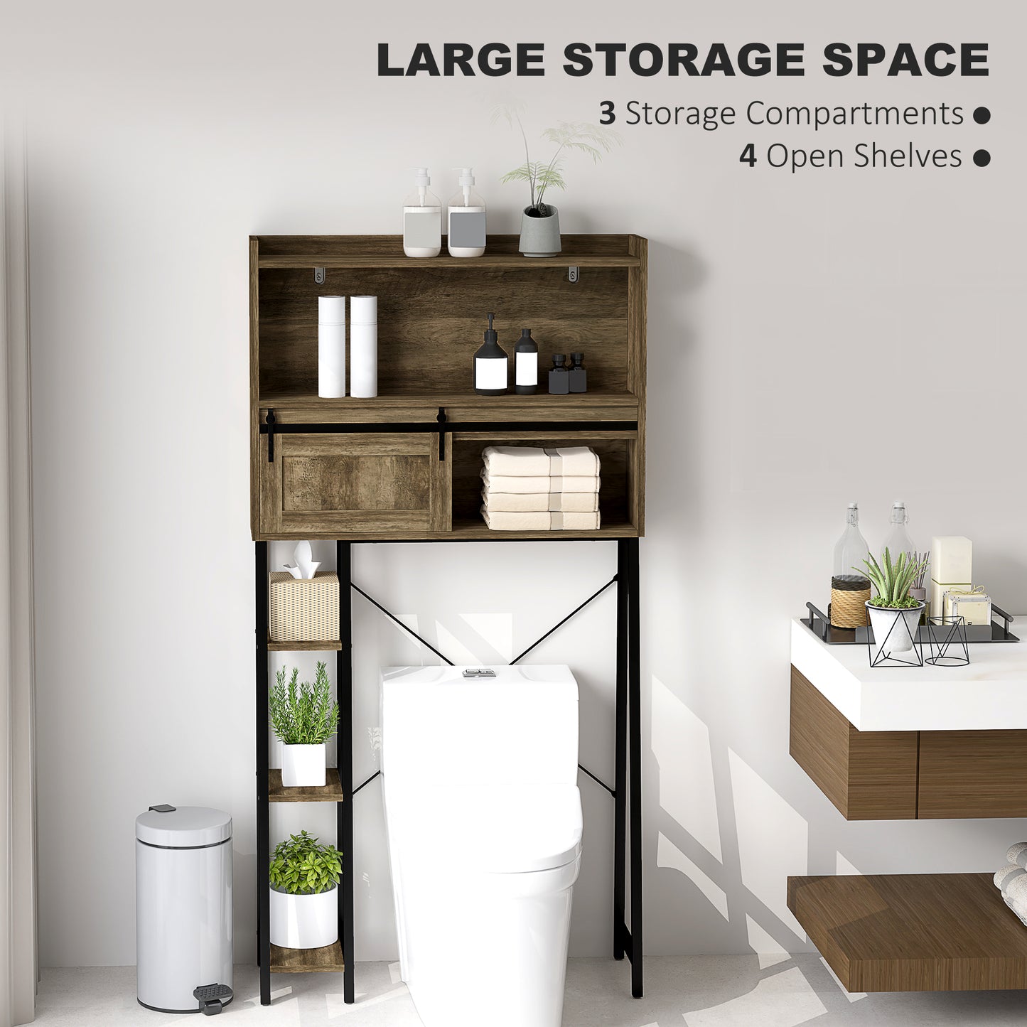 Over the Toilet Storage Cabinet, Over Toilet Bathroom Organizer with 3 Compartments, 4 Open Shelves, Distressed Brown