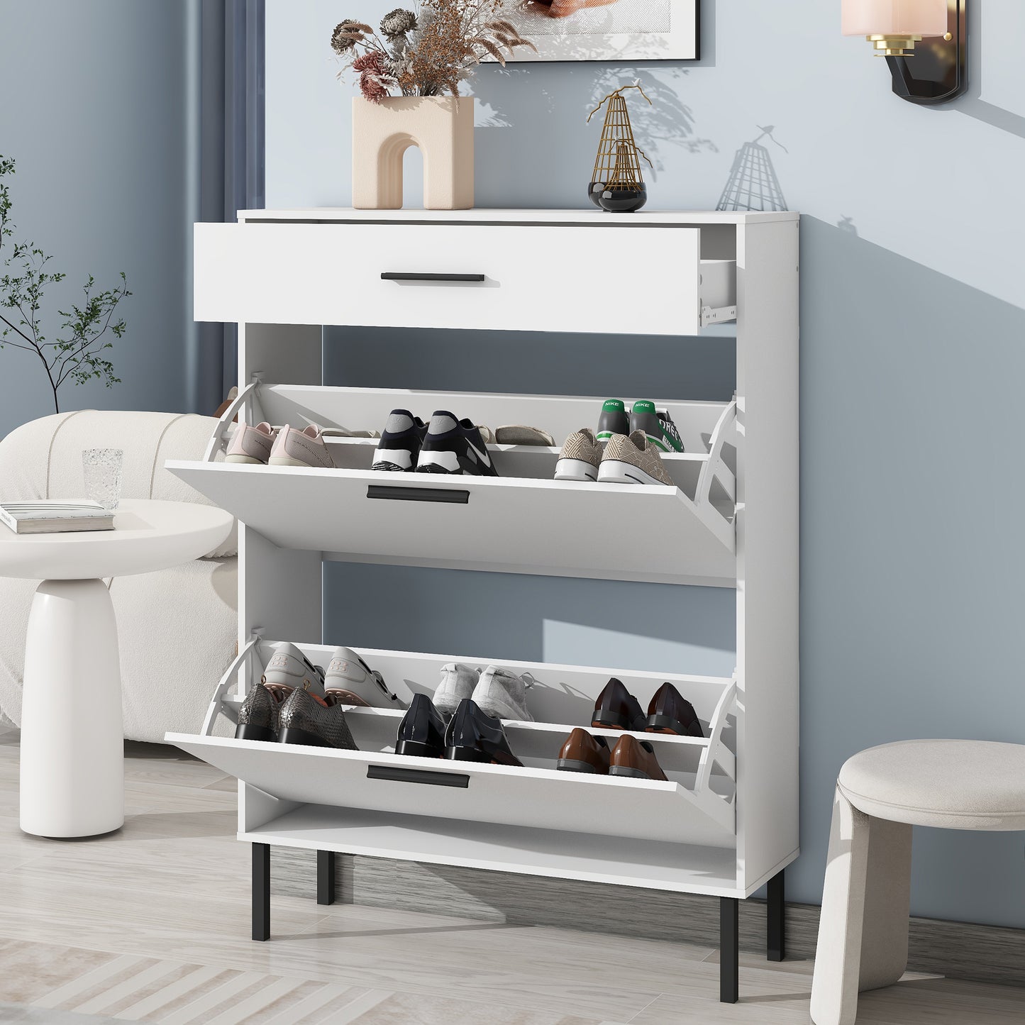 Shoe Cabinet, Freestanding Shoe Rack Storage Organizer With Drawers & Metal Legs, Modern Shoe Storage Cabinet With 2 Flip Drawers For Entryway
