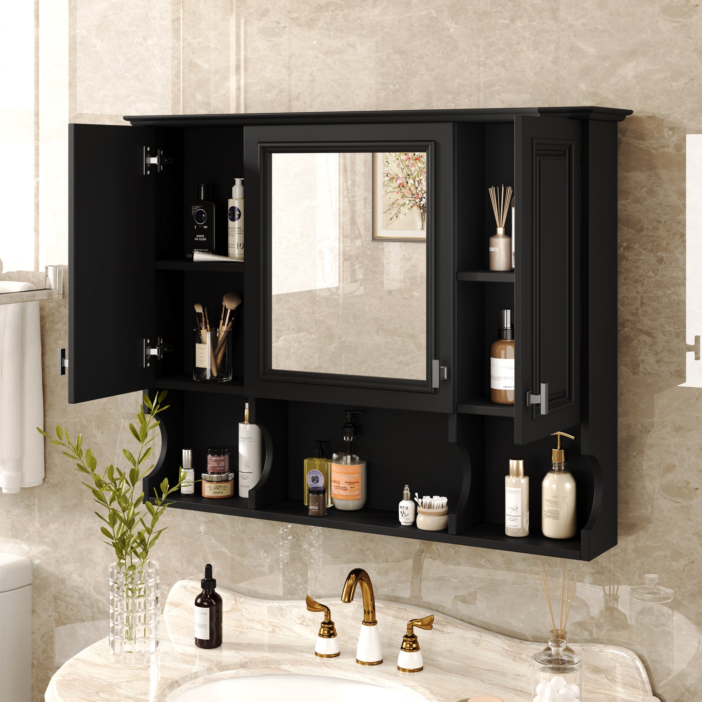 35'' X 28'' Wall Mounted Bathroom Medicine Cabinet, Modern Bathroom Wall Cabinet With Mirror,  Mirror Cabinet With Open Shelves