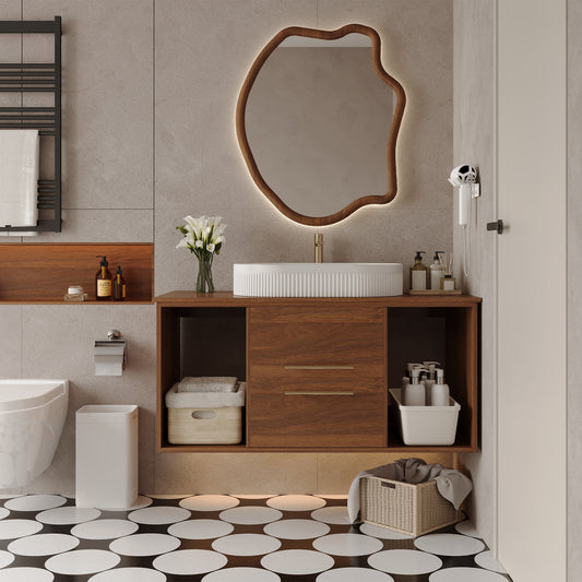 Modern 39.4 Wall-Mounted Bathroom Vanity With Oval Ceramic Sink Floating Vanity Multi-Layer Solid Wood Cabinet Soft-Close Drawers Open Shelf Storage