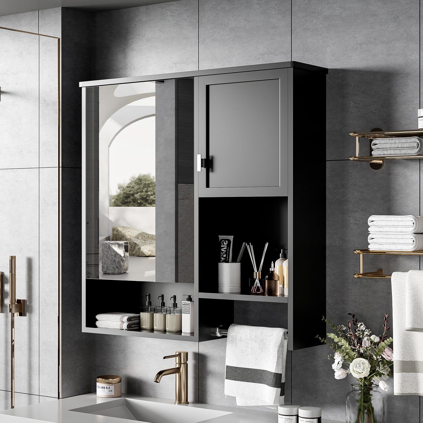 29X 28 Modern Wall Mounted Bathroom Medicine Cabinet, Bathroom Wall Storage Cabinet With Mirror, Over The Toilet Space Saver Cabinet With Towels Bar