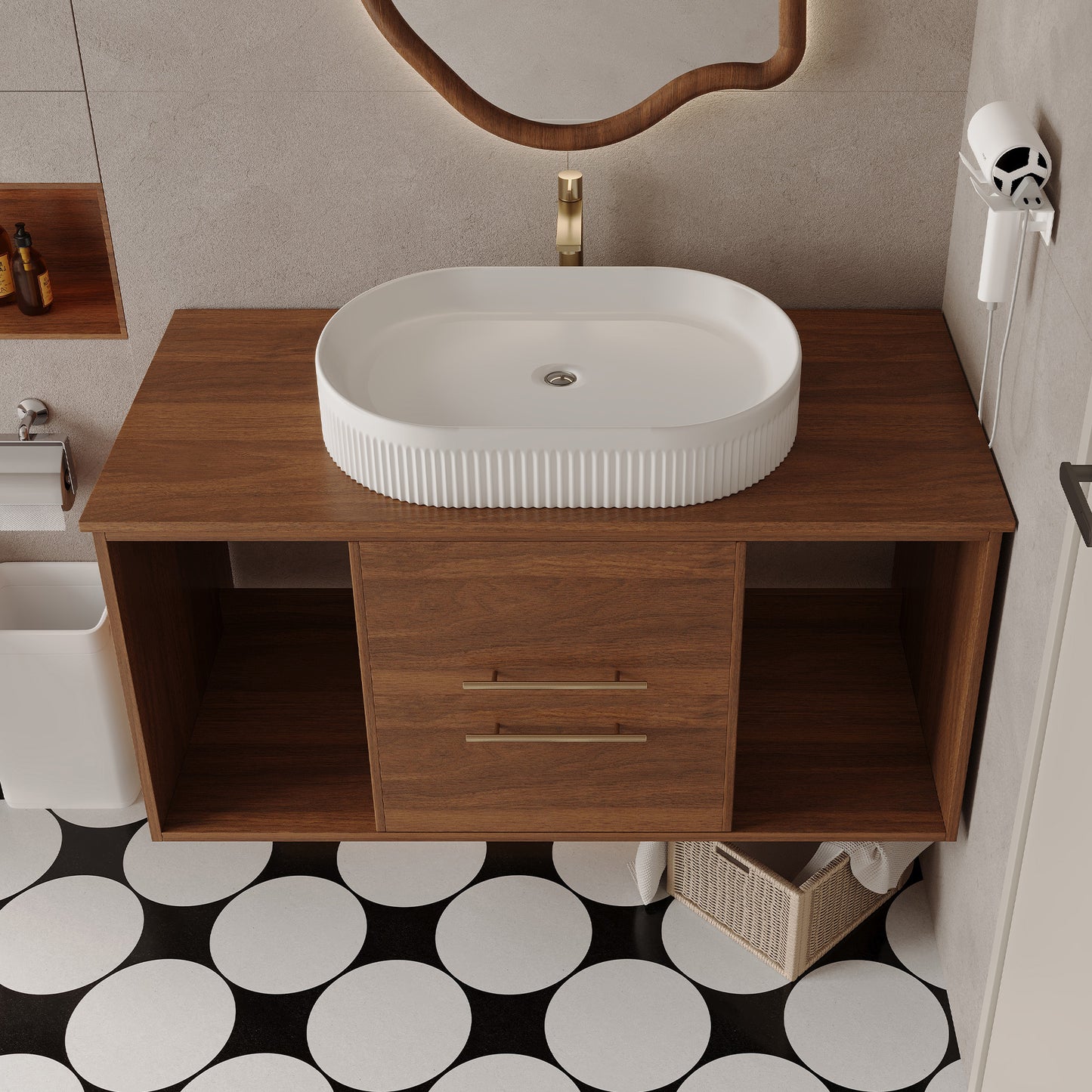 Modern 39.4 Wall-Mounted Bathroom Vanity With Oval Ceramic Sink Floating Vanity Multi-Layer Solid Wood Cabinet Soft-Close Drawers Open Shelf Storage