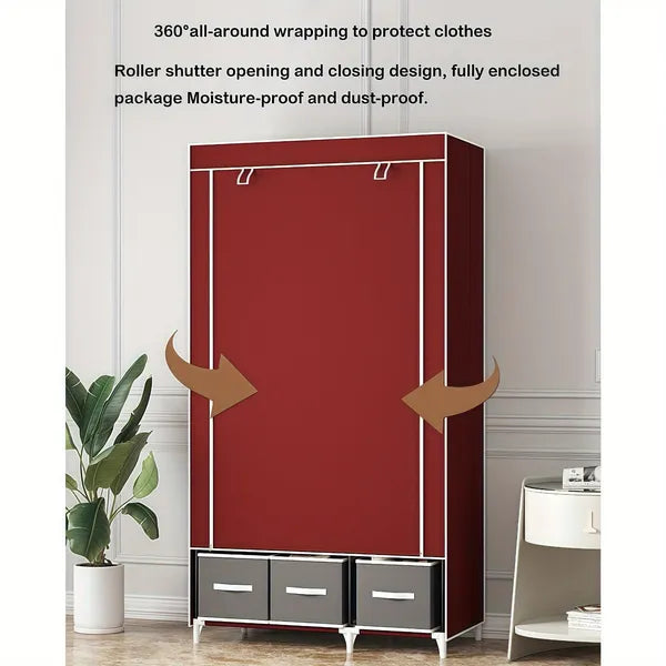 Rolling Door Wardrobe With 3 Drawers, Space Saving Closet Organizer Cabinet, Portable Fabric Storage  Rack & Tool-Free Setup, 67 Inches Height, Gray