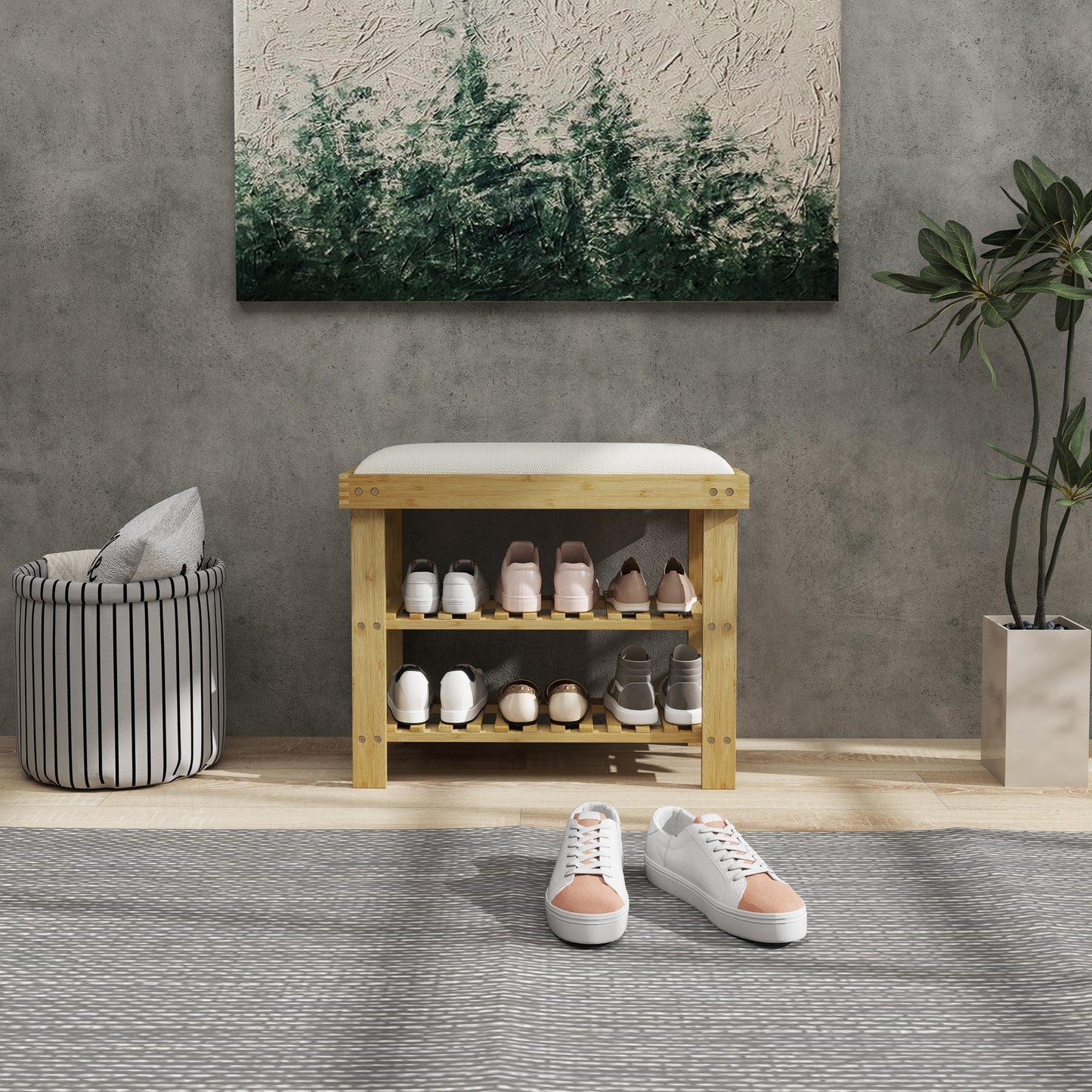 Bamboo Shoe Storage Bench, 3-Tier Entryway Bench with Cushion, Shoe Organizer for Entryway, Hallway, Cream White