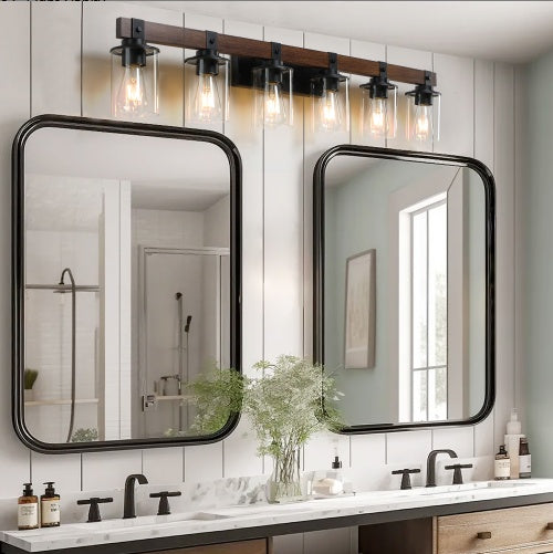 42 Inch Rustic 6-Light Vanity Light, Industrial Bathroom Wall Sconce With Glass Shades And Wood Accent, Modern Farmhouse Lighting Fixture No Bulbs
