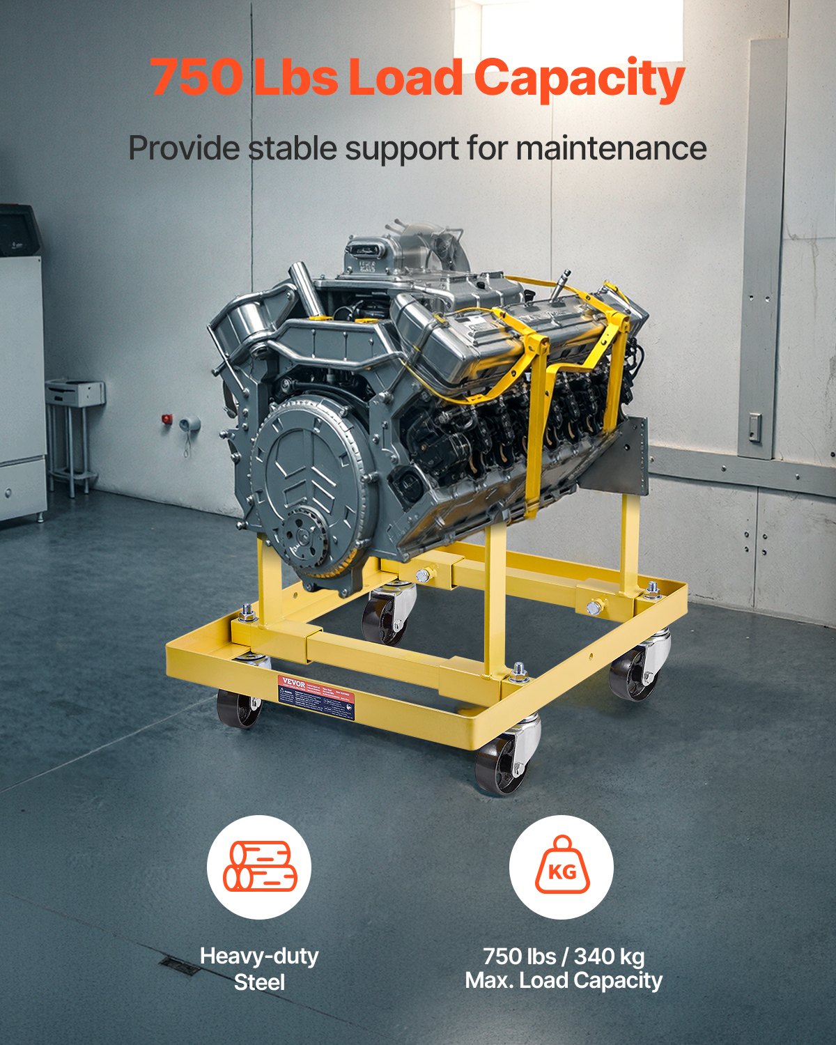 Engine Stand, 750 LBS Load Capacity Engine Motor Stand With Adjustable Width & Length, Heavy-Duty Steel Motor Holder With 4 Swivel Casters And 2 Ratchet Straps, Suitable For Most Engines