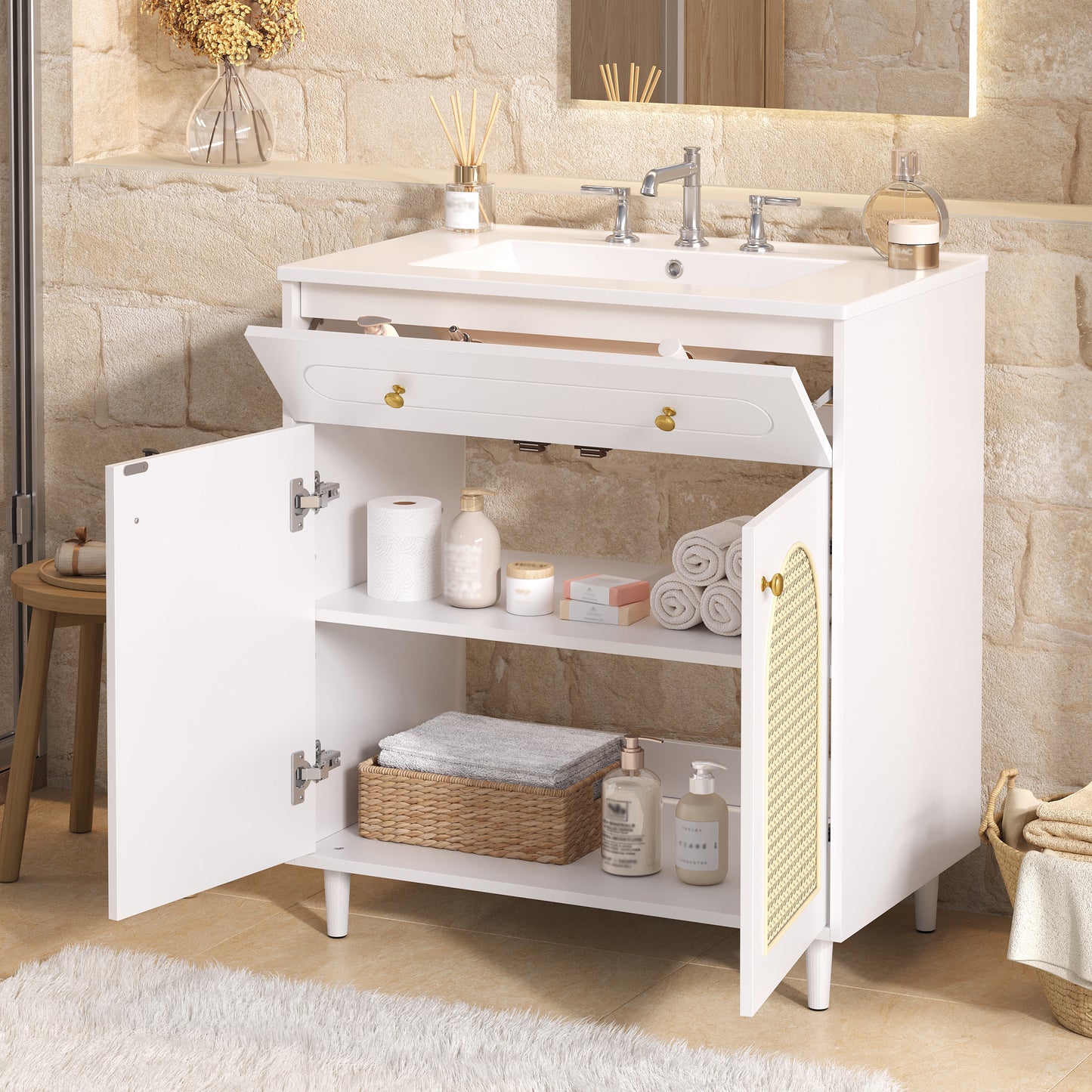 30 Bathroom Vanity With Ceramic Sink, Solid Wood Frame Bathroom Sink Cabinet With Adjustable Shelf, Tip-Drawer, Rattan Front Panels