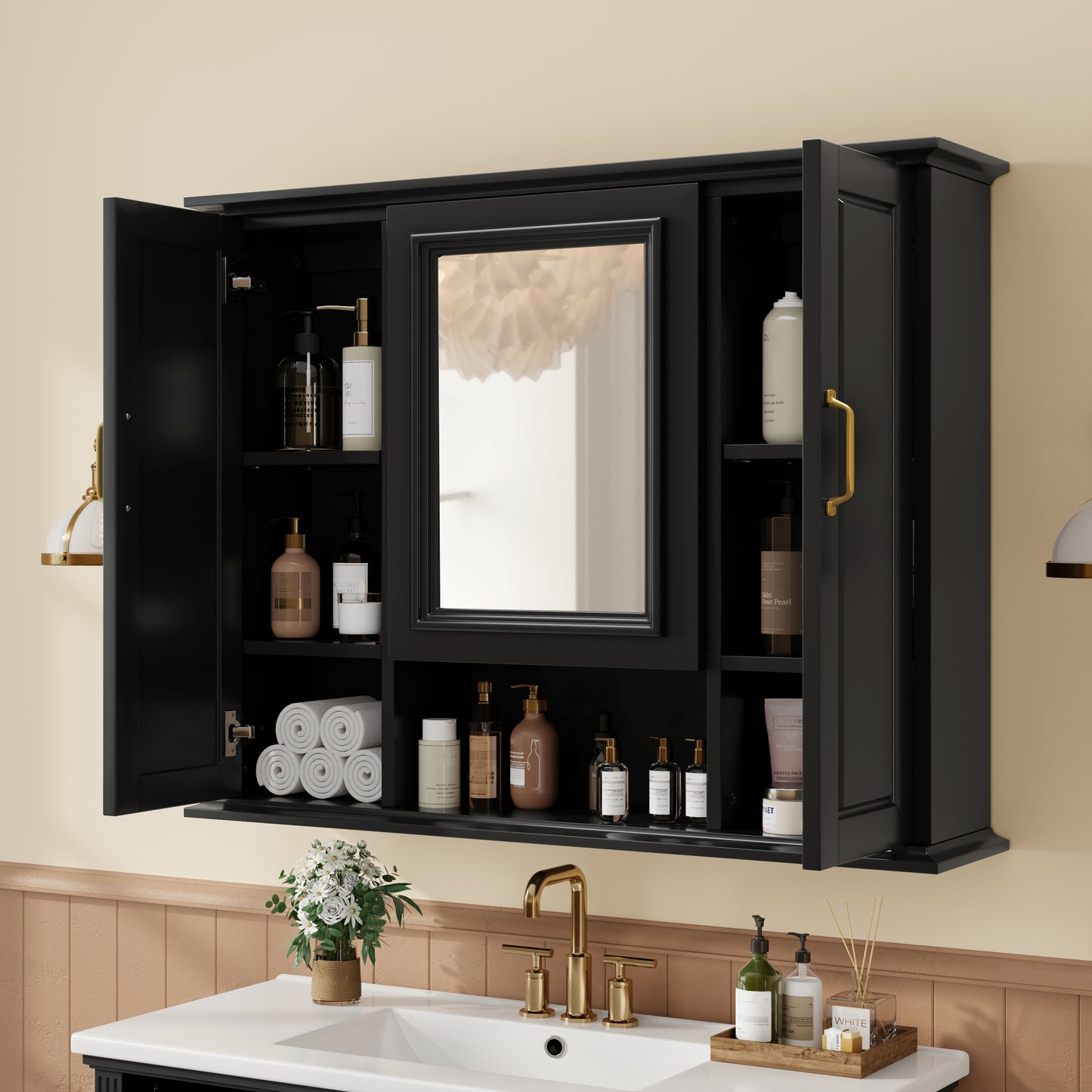 36 Medicine Cabinet, Wall Mounted Bathroom Storage Cabinet, Modern Bathroom Wall Cabinet With Mirror, Mirror Cabinet With 3 Doors Not Include Bathroom Vanity