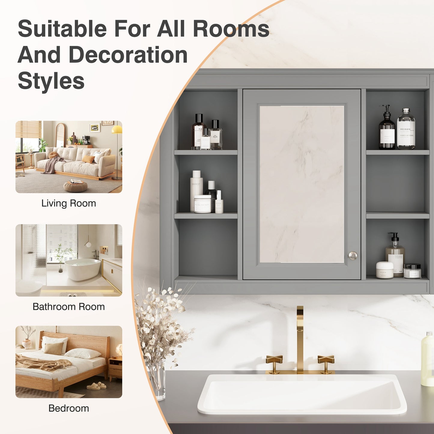 35 X 27.5 Medicine Cabinet, Wall Mounted Bathroom Storage Cabinet, Modern Bathroom Wall Cabinet With Mirror, Mirror Cabinet With 6 Open Shelves Not Include Bathroom Vanity