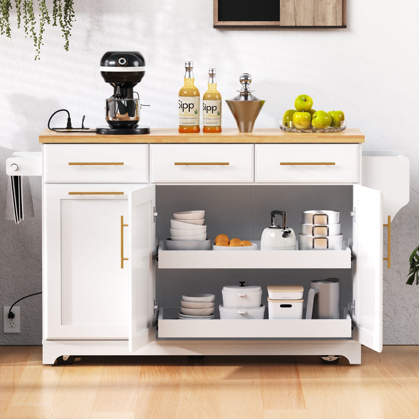 K&K 59.3  Kitchen Island With Storage 2 Pull Out Cabinet Organizers & Rubber Wood Drop Leaf, Rolling Kitchen Island With Trash Can Storage, Power Outlet, Spice & Towel Rack For Kitchen, Dining, White