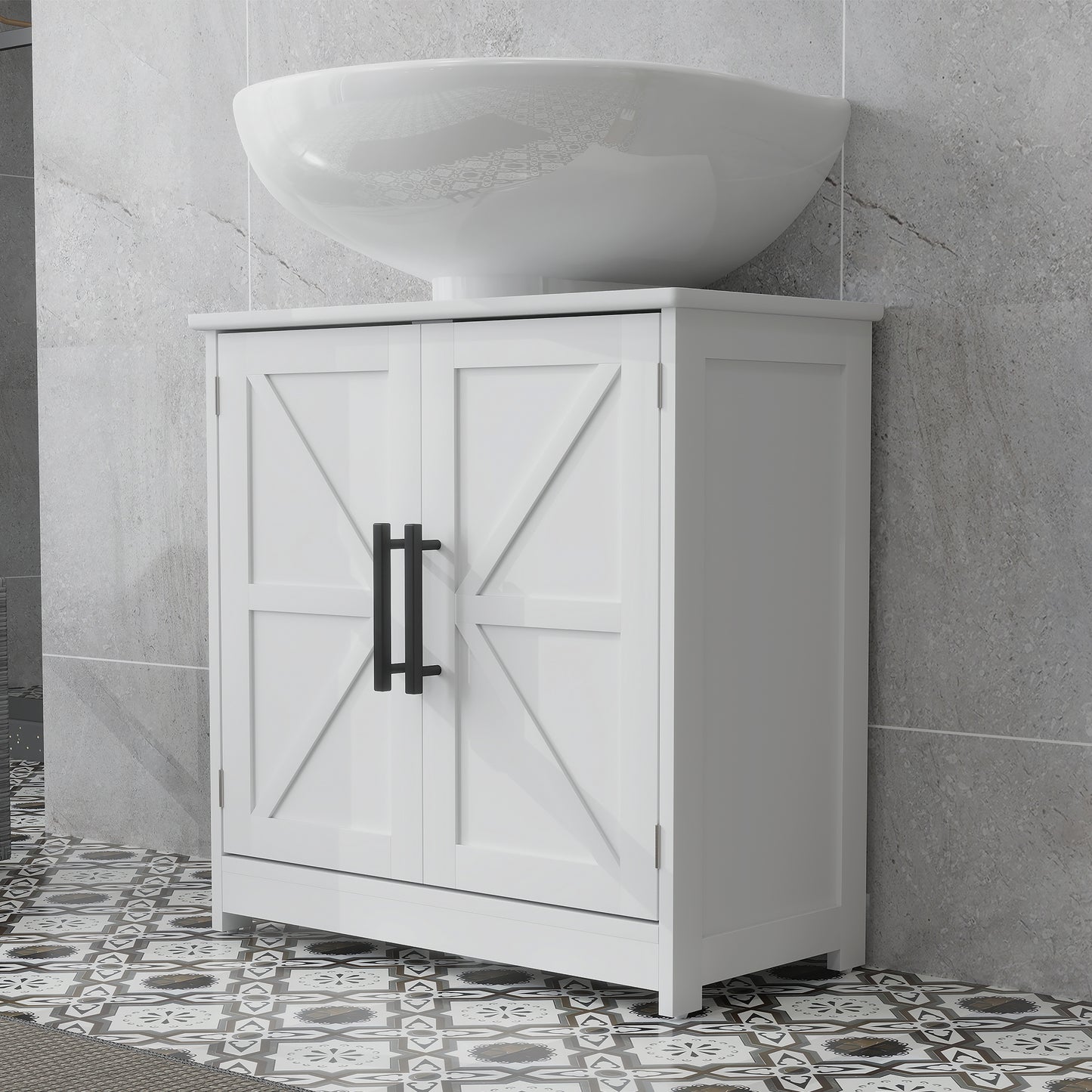 Farmhouse Pedestal Sink Storage Cabinet, Bathroom Sink Cabinet with 2 Barn Doors and Adjustable Shelf, White