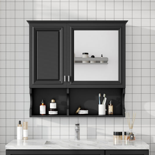 30 Inch Mirror Medicine Cabinet With Open Shelves, Wall Mounted Home Storage With Doors & Mirror, Adjustable Shelf, Bathroom Storage Cabinet Over Toilet