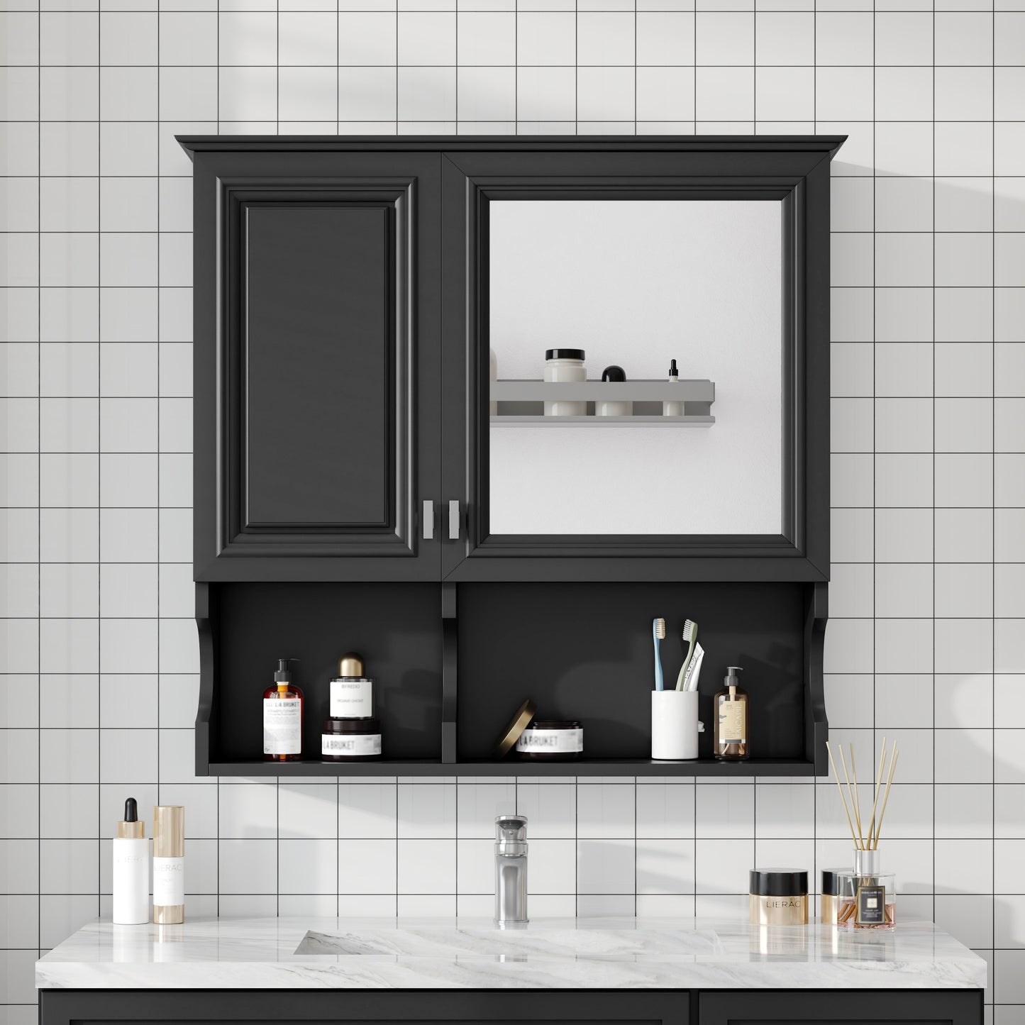 30 Inch Mirror Medicine Cabinet With Open Shelves, Wall Mounted Home Storage With Doors & Mirror, Adjustable Shelf, Bathroom Storage Cabinet Over Toilet