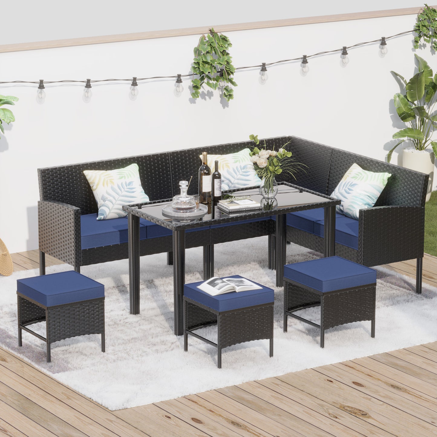 Small Space Patio Furniture 7-piece Outdoor Furniture Set, Backyard Furniture Set, Waterproof Seat Cushion, Glass Table, Space Saving, Suitable For Backyard, Terrace Or Garden,Dark Blue