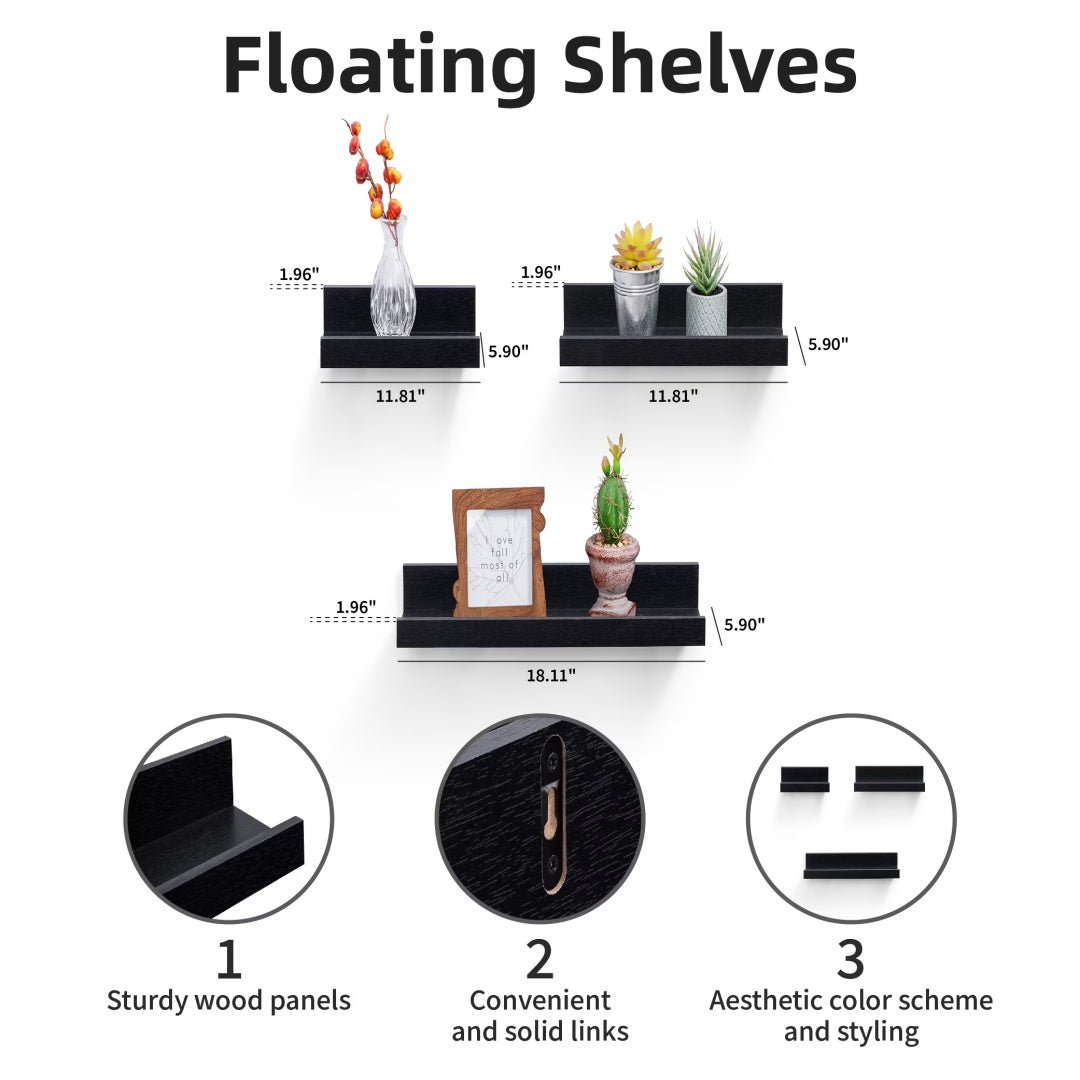 Floating Shelves  18.11 Wall Mounted Wood Shelves For Bathroom, Bedroom, Living Room, Kitchen, Hanging Shelf For Books Storage Decor With Invisible Brackets, Black