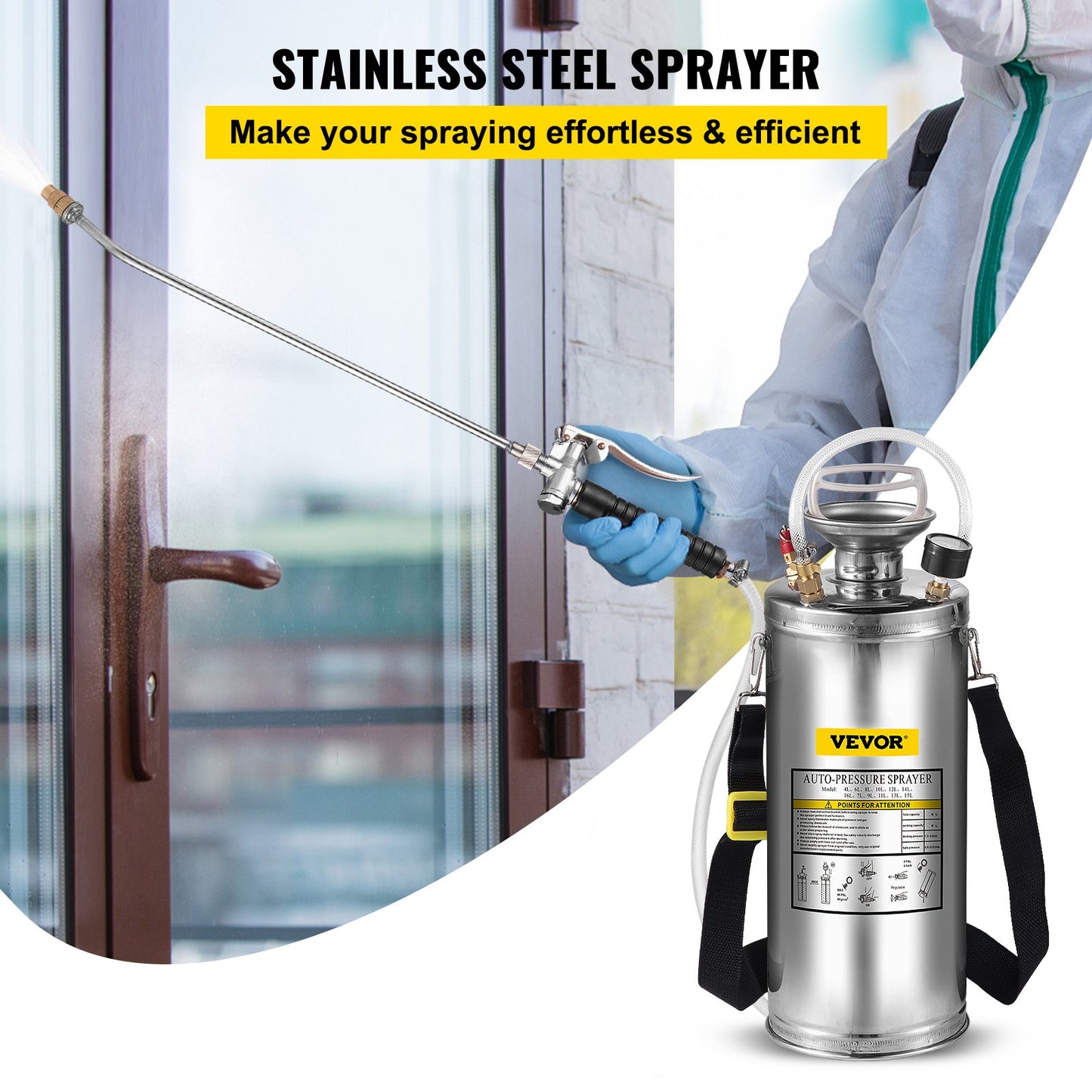 VEVOR 2Gal Stainless Steel Sprayer, Set With Wand  Handle& 3FT Reinforced Hose, Hand Pump Sprayer With Pressure Gauge&Safety Valve, Adjustable Nozzle Suitable For Gardening And Sanitizing