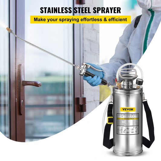 VEVOR 2Gal Stainless Steel Sprayer, Set With Wand  Handle& 3FT Reinforced Hose, Hand Pump Sprayer With Pressure Gauge&Safety Valve, Adjustable Nozzle Suitable For Gardening And Sanitizing