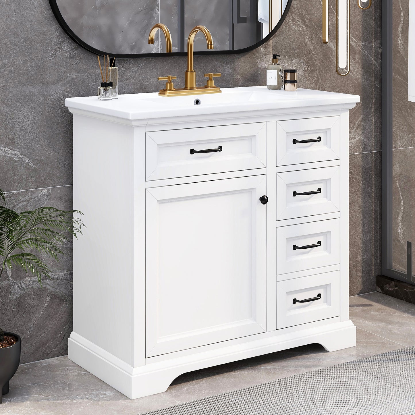 36 Bathroom Vanity With Sink, Ceramic Sink, 2 Tip-out Drawers, Soft Close Door Hinges, White