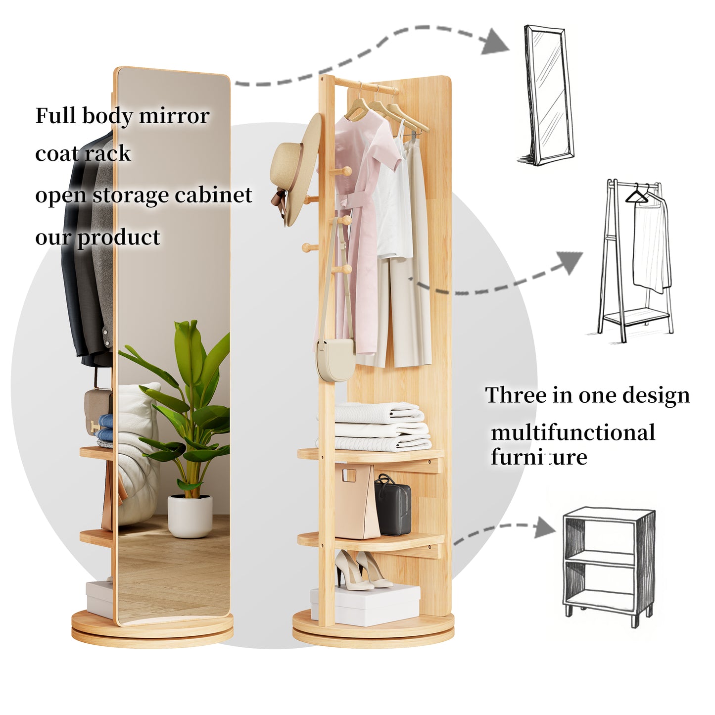 360 Rotating 69x16 Multifunctional Full Length Mirror With Hook Storage Rack Coat Rack With Mirror Solid Wood Floor Mirror Bedroom Living Room Cloakroom Space Saving Natural Wood