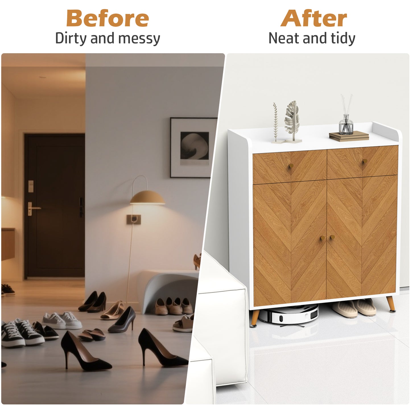 Shoe Cabinet, 4-Tier Shoe Rack Organizer With 2 Drawer, Herringbone Wooden Freestanding Shoe Storage Cabinet With 2 Door & Adjustable Shelves For Entryway Hallway  White-Natural