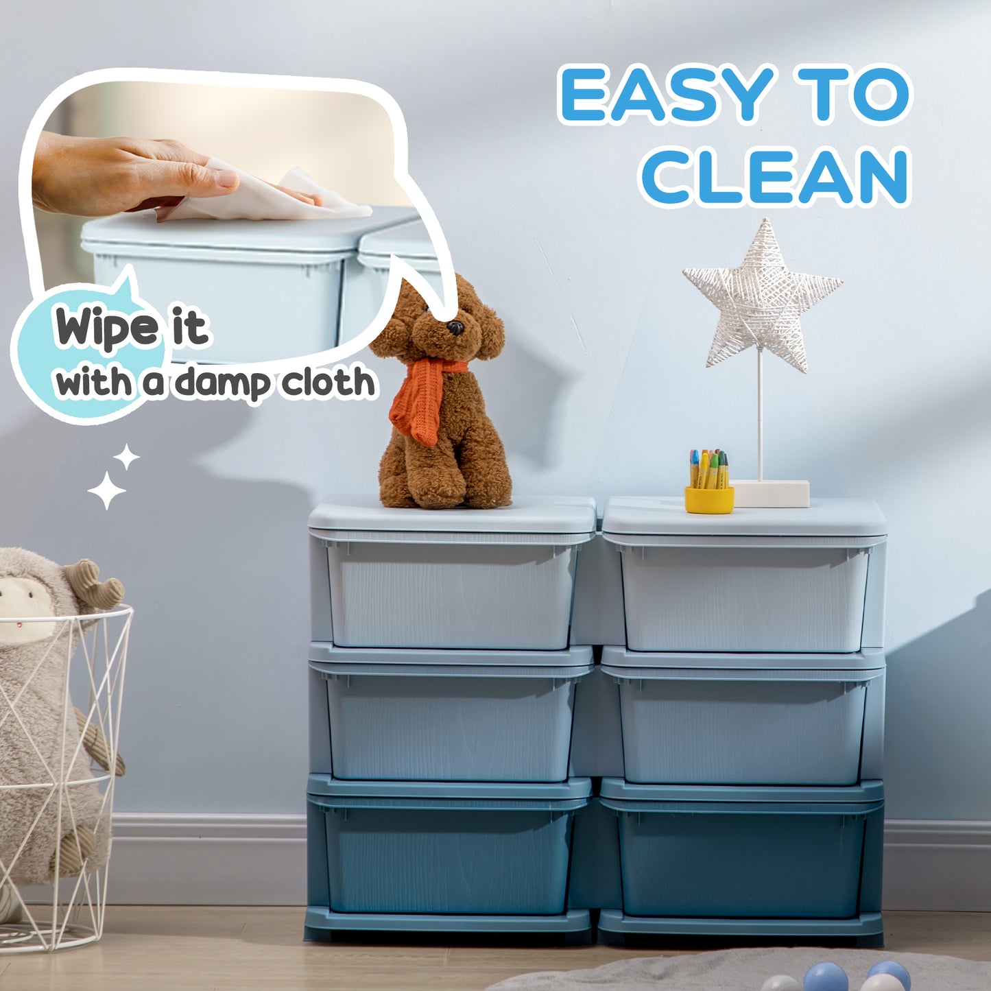 3 Tier Kids Storage Unit, Toy Organizers and Storage with 6 Drawer Chest for Kids Bedroom Nursery Kindergarten Living Room for Boys Girls Toddlers, Blue