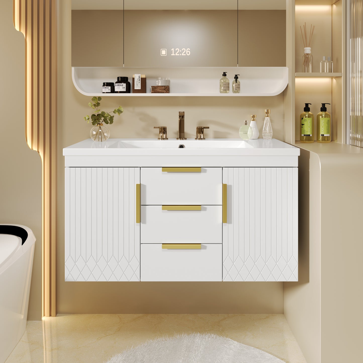 36 Wall Mounted Bathroom Vanity, Floating Bathroom Storage Cabinet With 2 Drawers, Solid Wood Bathroom Cabinet
