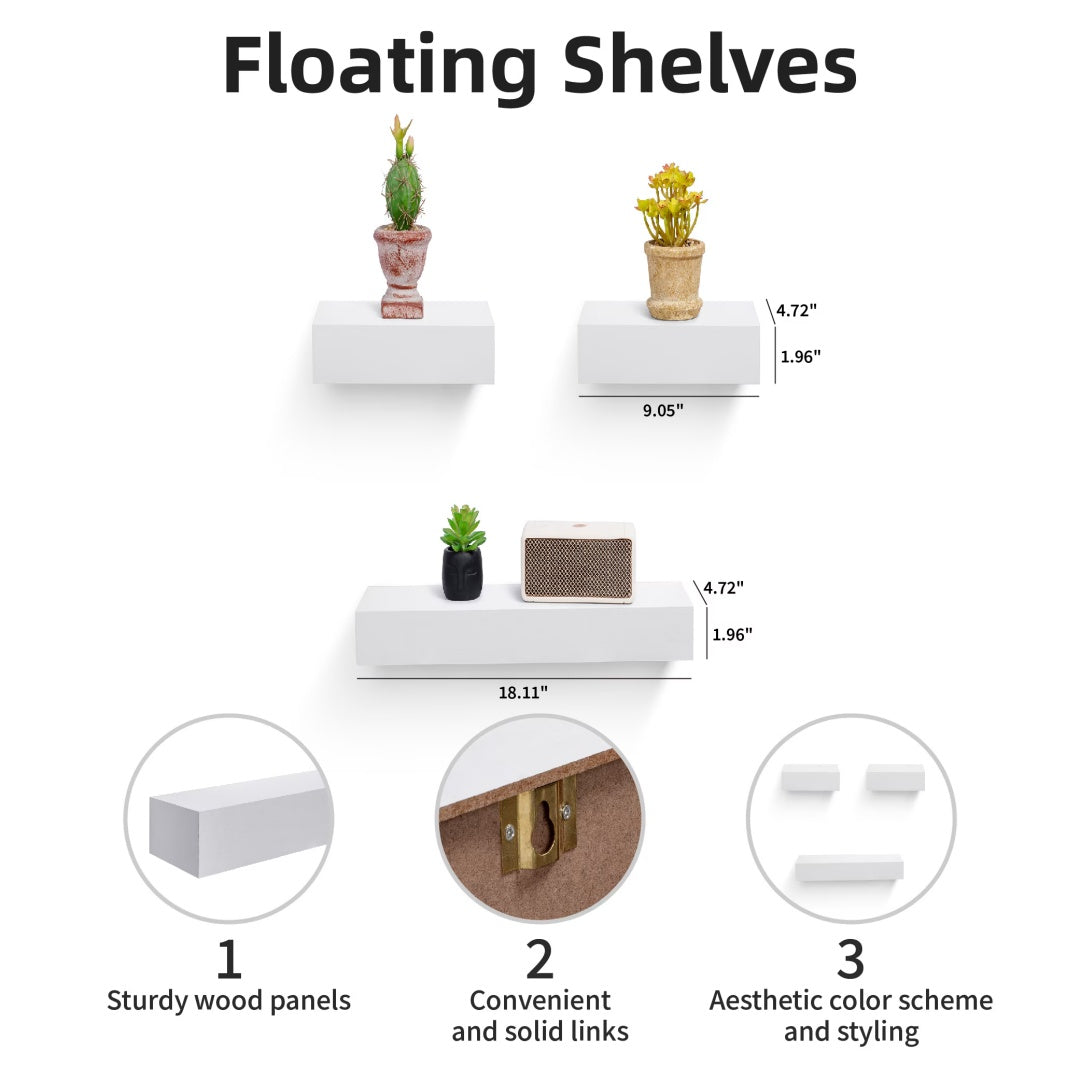 Floating Shelves  17.72 Wall Mounted Wood Shelves For Bathroom, Bedroom, Living Room, Kitchen, Hanging Shelf For Books Storage Decor With Invisible Brackets, White