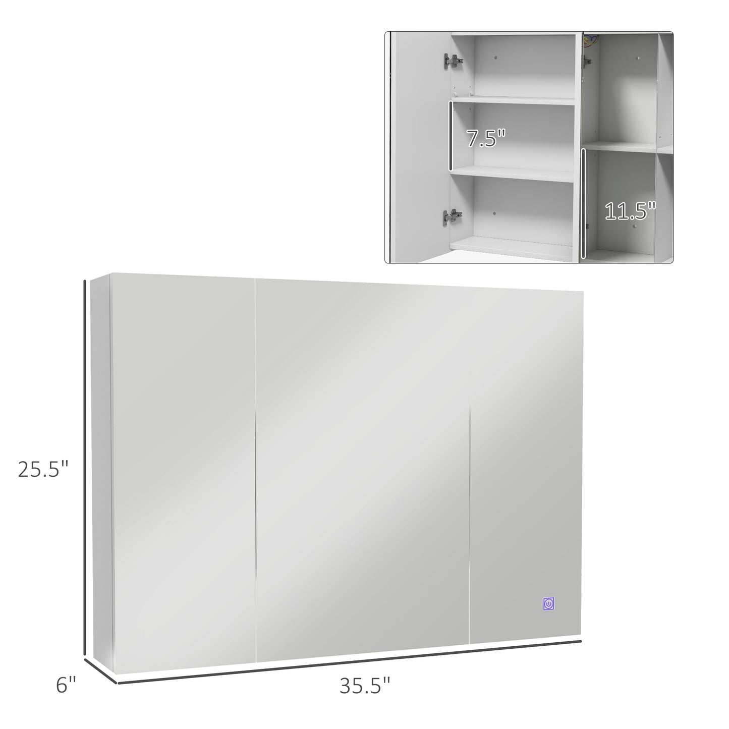 Bathroom Mirror Cabinet with Light, Bathroom Storage Cupboard with USB Charge, Adjustable Shelf, 35.5"W x 25.5"H, White