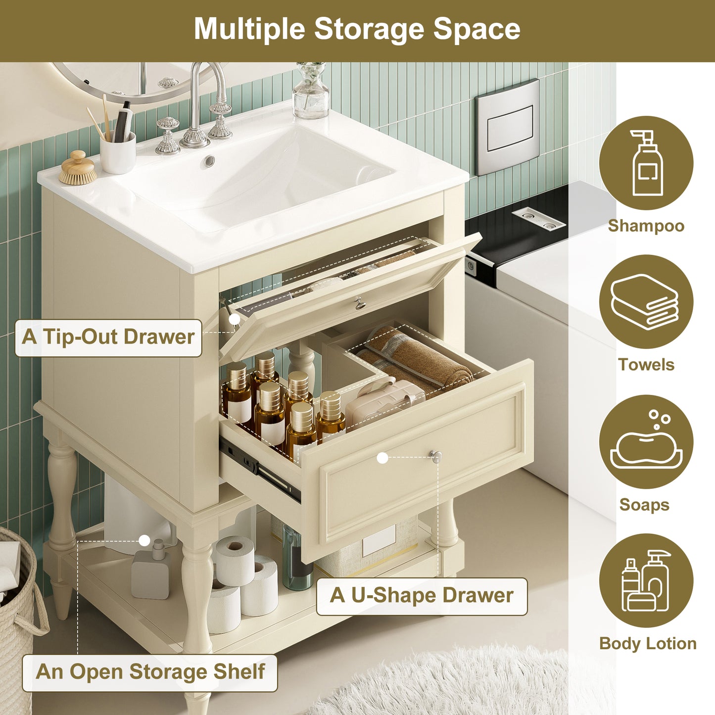 24'' Bathroom Vanity With Ceramic Sink, Bathroom Storage Cabinet With Open Shelf , Retro Design Bathroom Cabinet With 2 Drawers