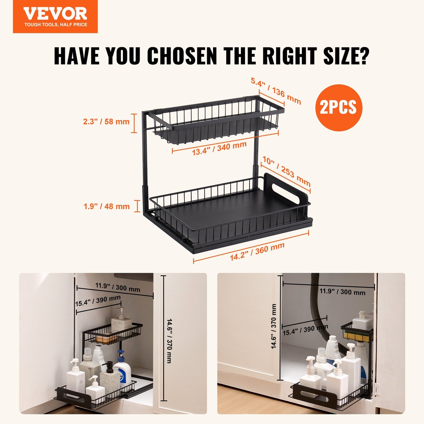 2-Tier Wire Pull Out Cabinet Under Sink Organizer Drawer Basket 2PCS