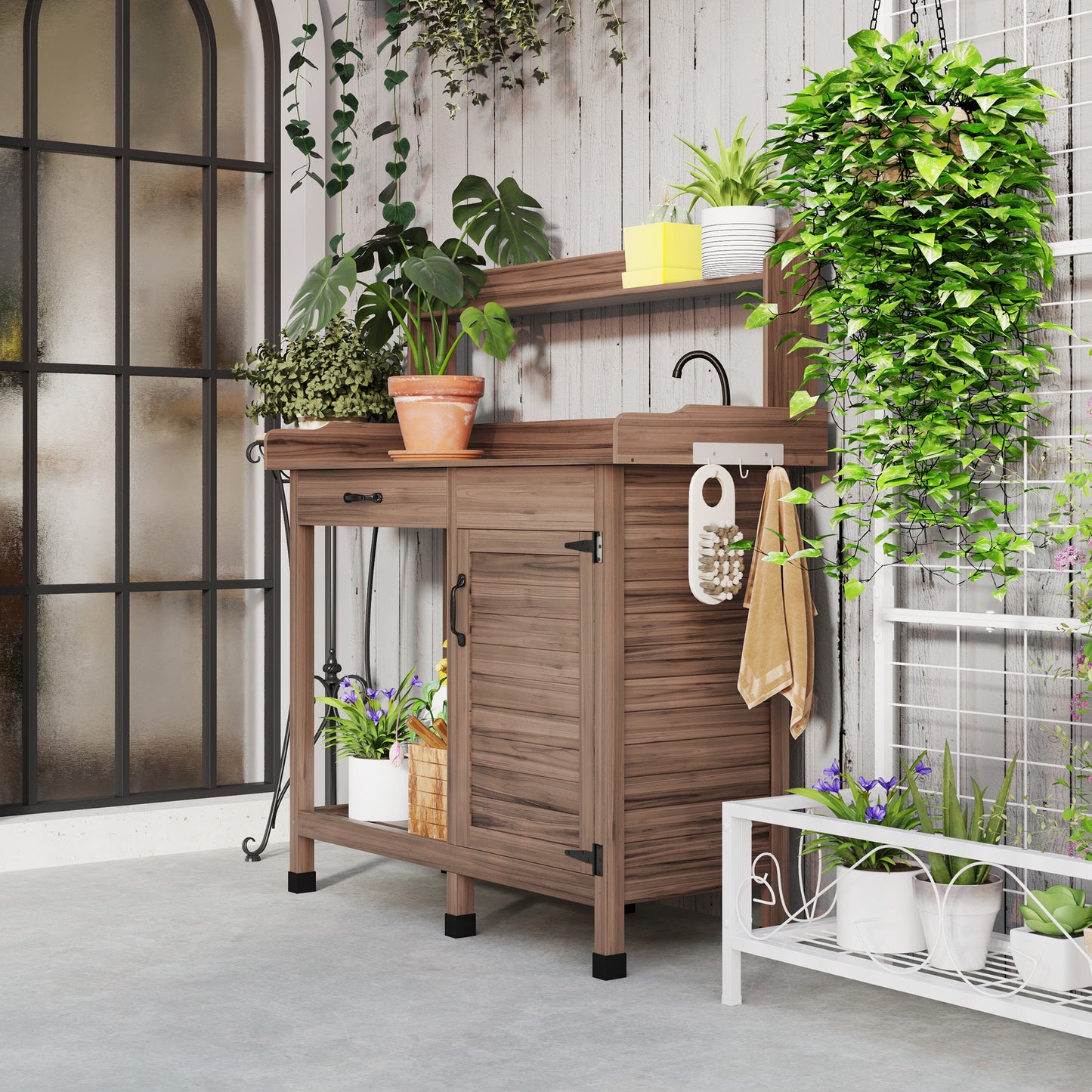Potting Bench Table with Sink, Outdoor Work Bench Table with Storage Cabinet, Hooks, Removable Sink, Faucet and Drawer for Greenhouse, Garden, Patio, Dark Brown