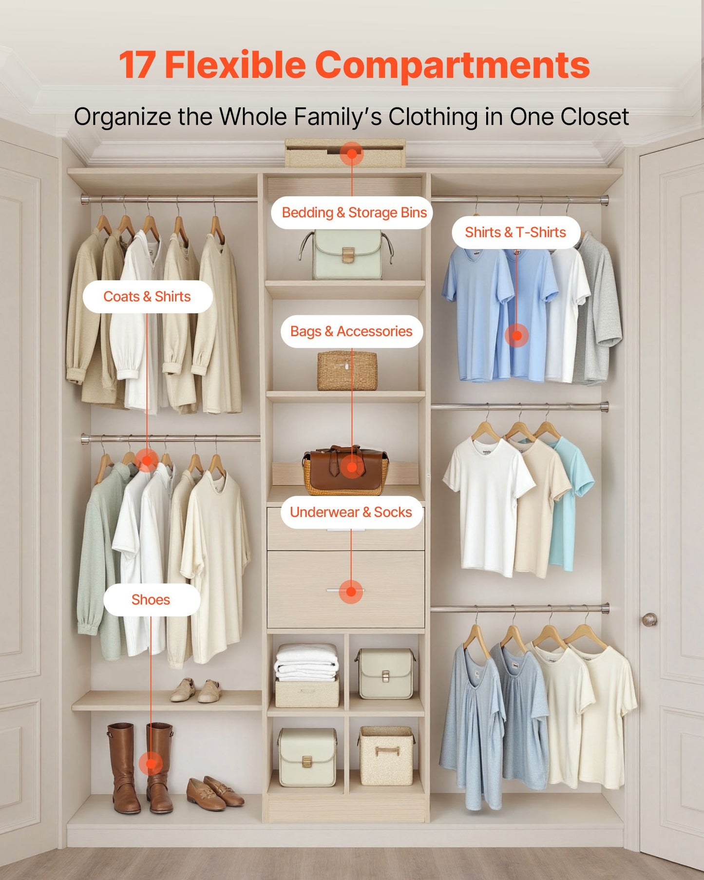 Closet System With 2 Drawers, Adjustable Height Wooden Closet Organizers, Modern Walk-in Wardrobe Organization With 5 Retractable Clothes Hanger Rods, Freestanding Garment Rack Storage, Grey