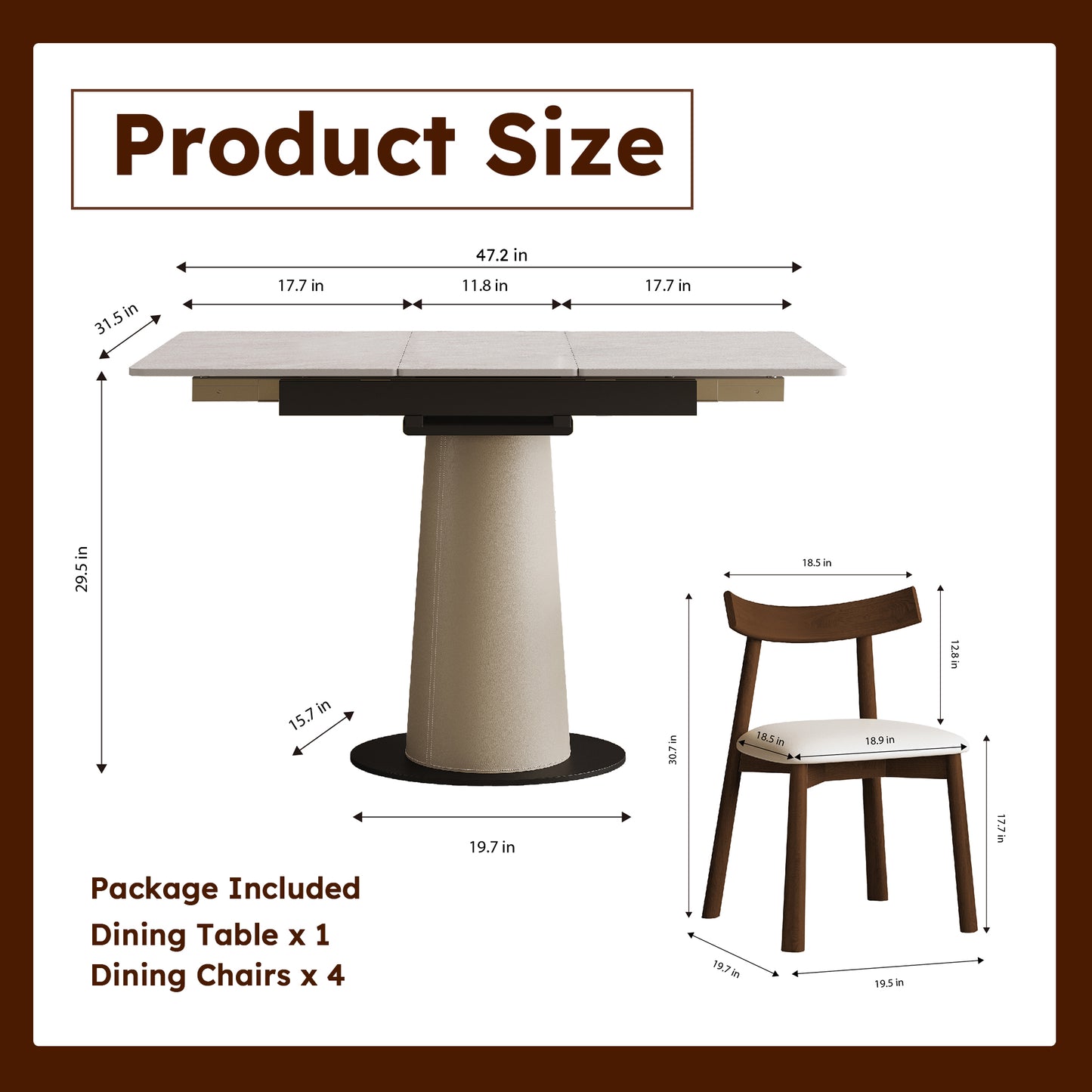 Retractable Rock Slab Dining Table Set  Modern 5-Piece Expandable Table With 4 Wooden Leg Chairs & Leather-Wrapped Base  Space Saving Kitchen Set For Small Apartments