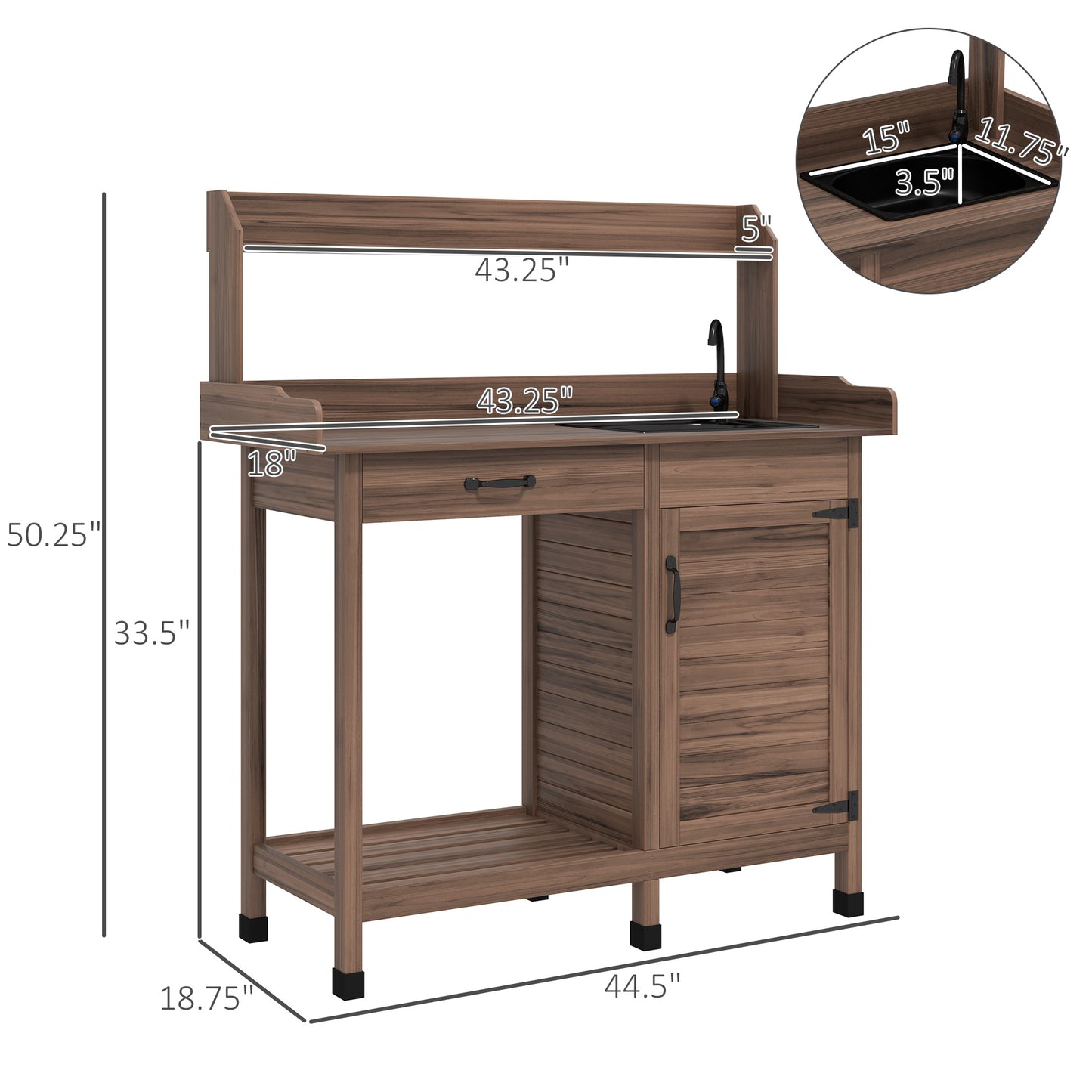 Potting Bench Table with Sink, Outdoor Work Bench Table with Storage Cabinet, Hooks, Removable Sink, Faucet and Drawer for Greenhouse, Garden, Patio, Dark Brown