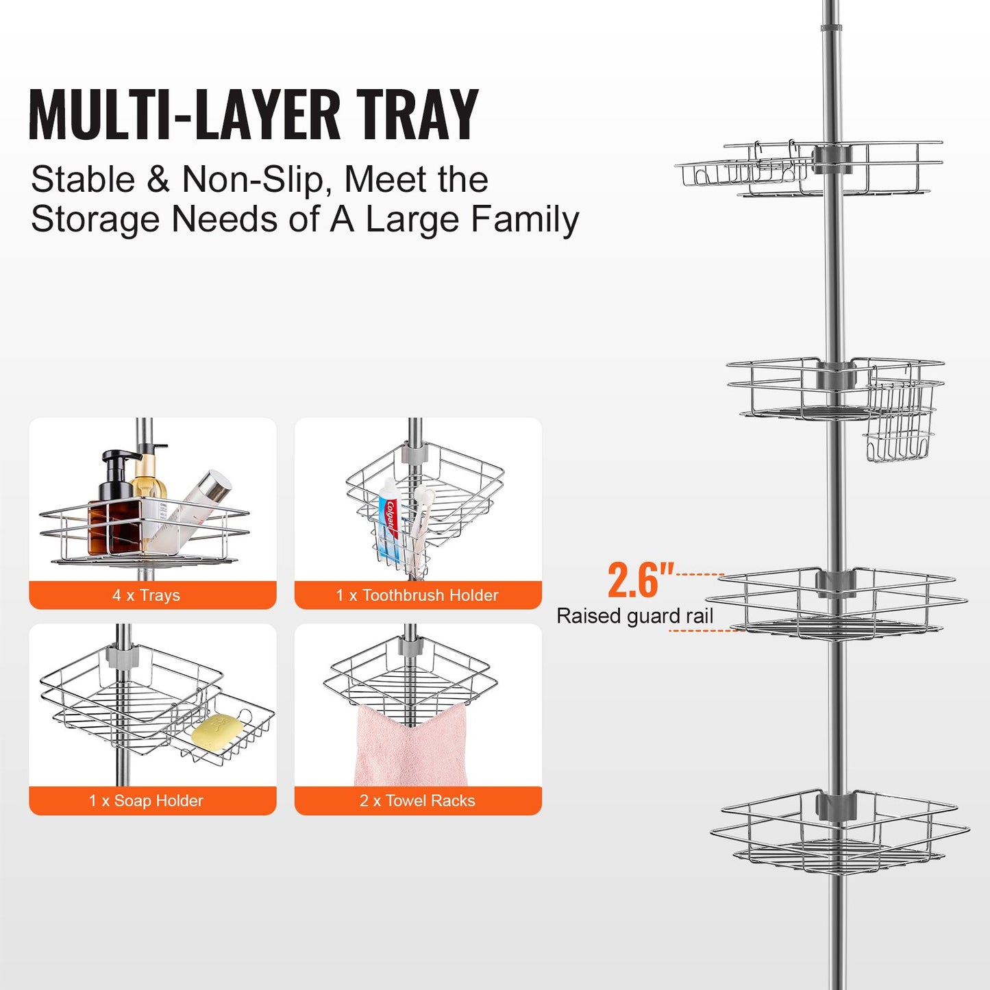 Shower Corner Caddy Tension Pole, 42in To 114in High, Multi-Functional Shower Tension Pole With Strong Load-Bearing Tray, Rust-Proof Easy-to-Install Tension Pole, Fit For Bathroom & Washroom