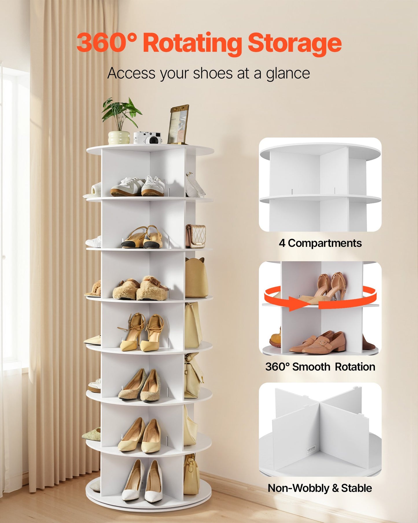 7 Tiers Rotating Shoe Rack Tower, 360° Spinning Shoe Rack, Revolving Storage Round Carousel Display, Freestanding Lazy Susan Organizer Display For Bedroom, Living Room, Entryway, Closet, White