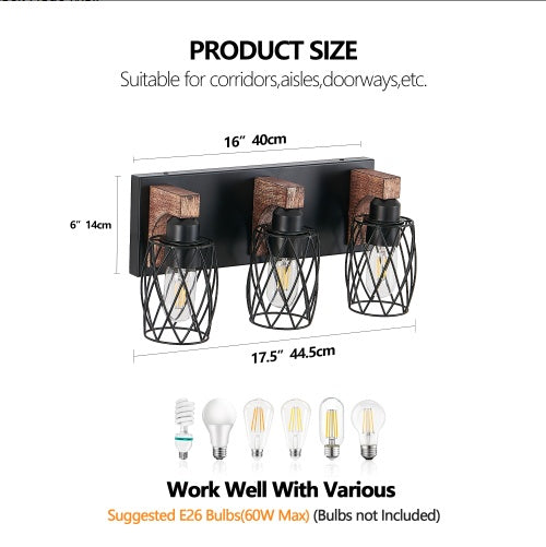 18inch Industrial Vintage 3-Light Wall Sconce - Black Cage Wall Lighting Fixture With Wooden Accents For Bathroom, Hallway, Or Living Room Bulb Not Included