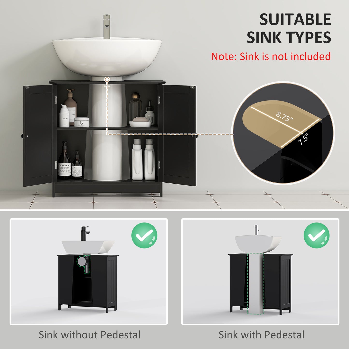 Under Sink Bathroom Cabinet, Pedestal Sink Storage Cabinet with 2 Doors, Shelf and U-Shape, Black