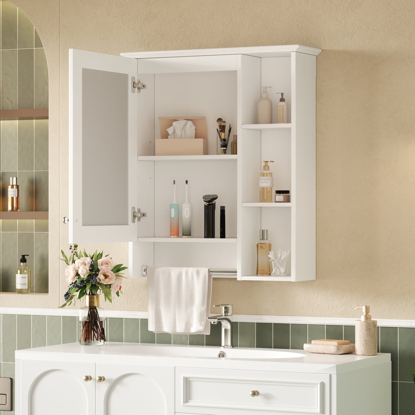 3-in-1 Bathroom Mirror Cabinet, 24-inch Wall Mounted Medicine Cabinet With Adjustable Shelf & Tower Bar, High-Definition Mirror With Storage For Bathroom Vanity