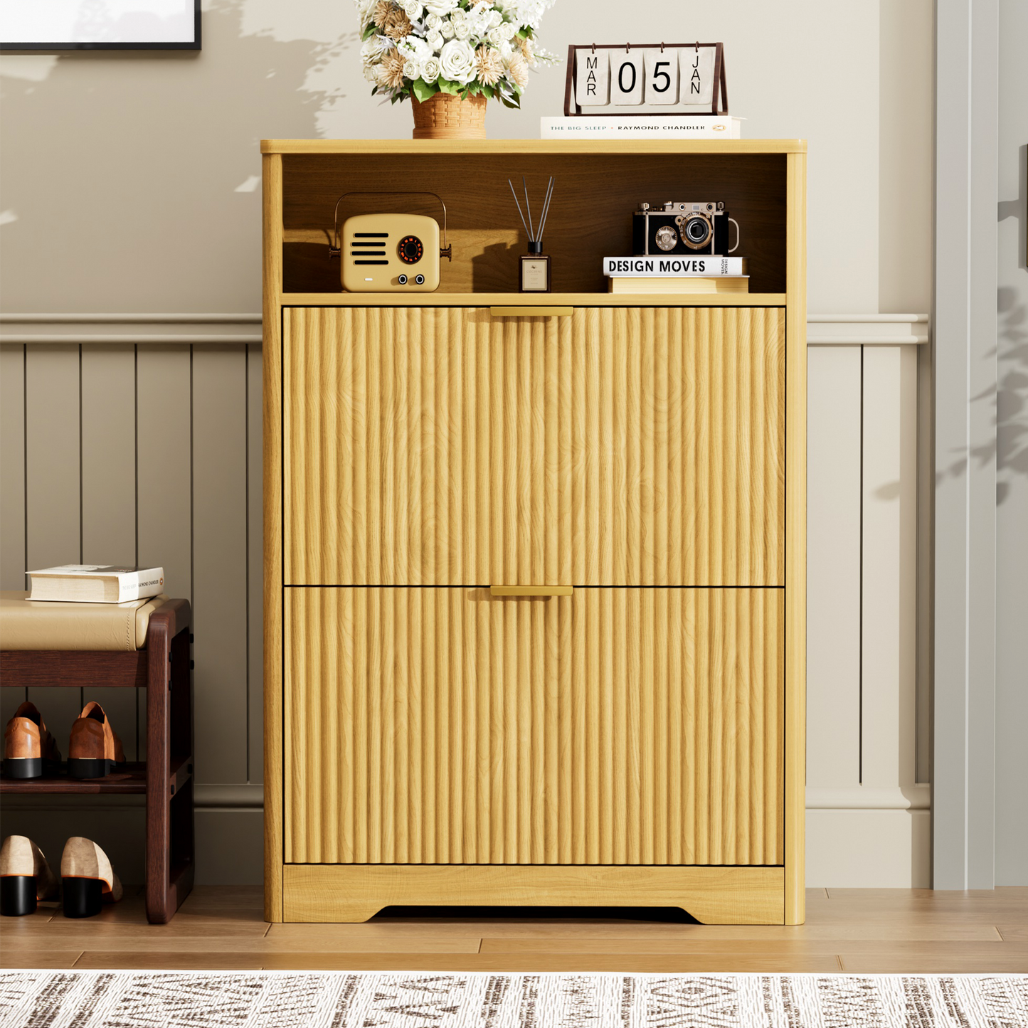 Shoe Cabinet Storage For Entryway Hidden Shoes Storage Cabinet With 2 Flip Drawers, Tall Free Standing Shoe Organizer Rack For Foyer, Hallway. Natural,31.6  L X 9.6  W X 40  H.