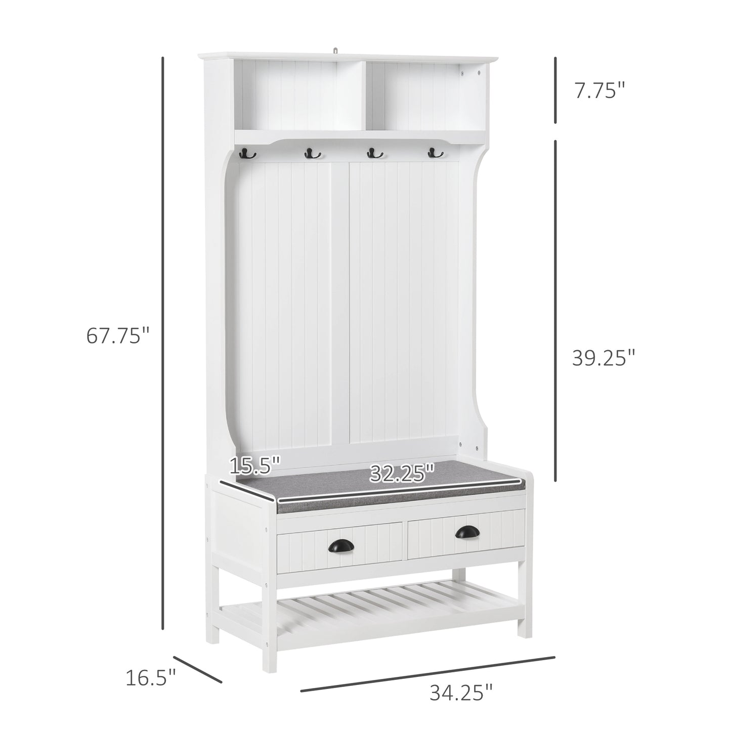 3-in-1 Hall Tree, Entryway Bench with Coat Rack, Mudroom Bench with Shoe Rack, 2 Storage Drawers, 4 Hooks and Padded Seat Cushions for Hallway, White