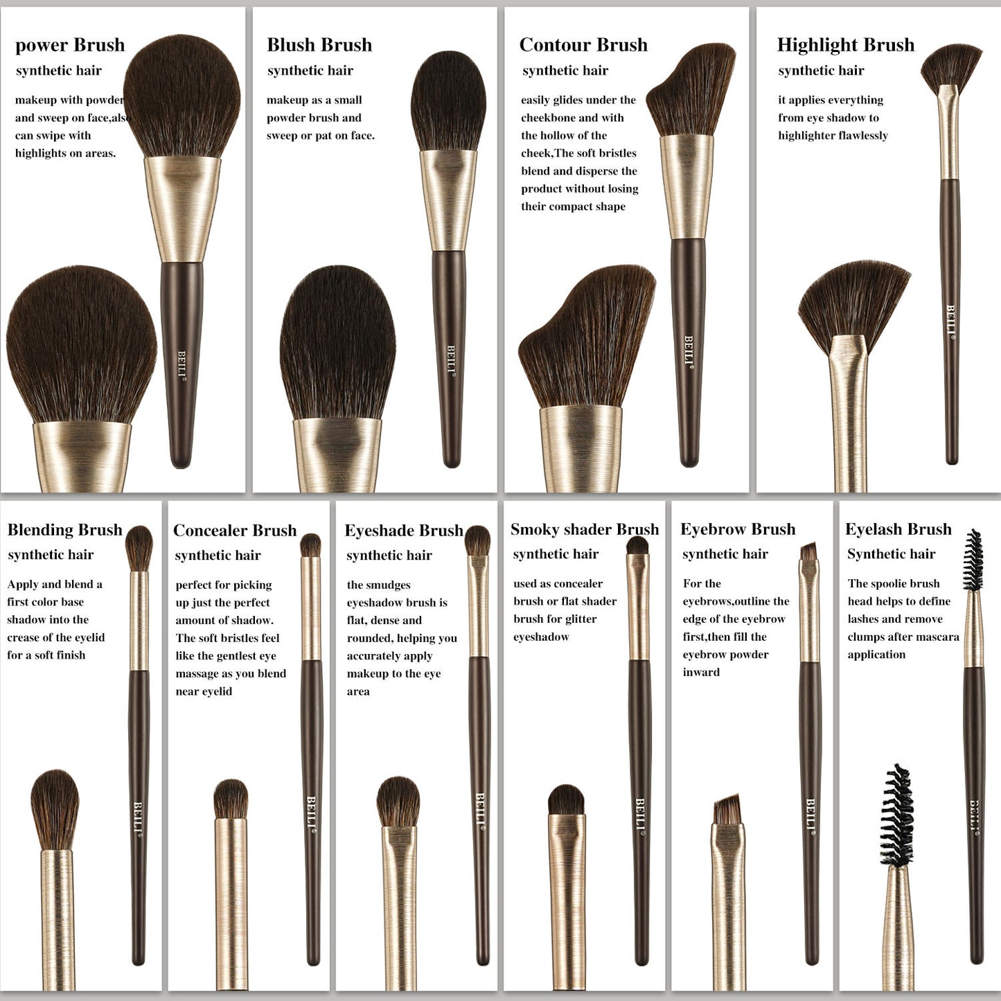 Baili 10pcs Rose Gold Tube Synthetic Hair Vegan Luxury Makeup Brush Set Contour Blush Brush Set